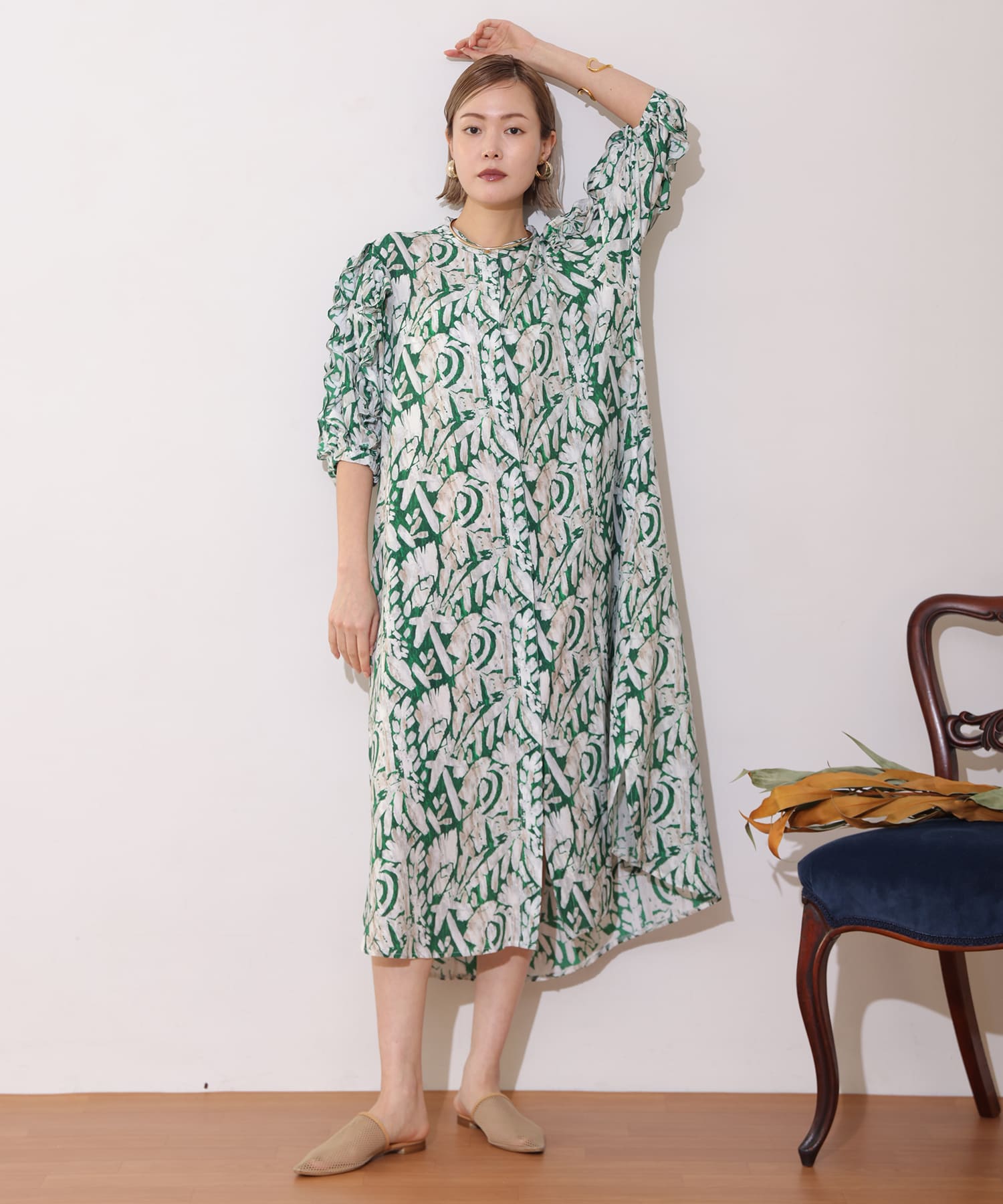 【Timesale】フリル袖柄ドレスワンピース