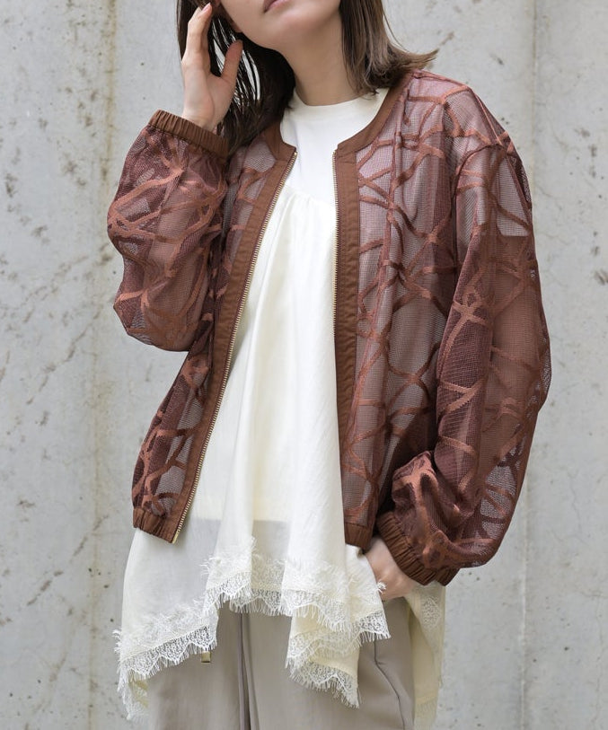 Sheer Pattern Zip Blouson