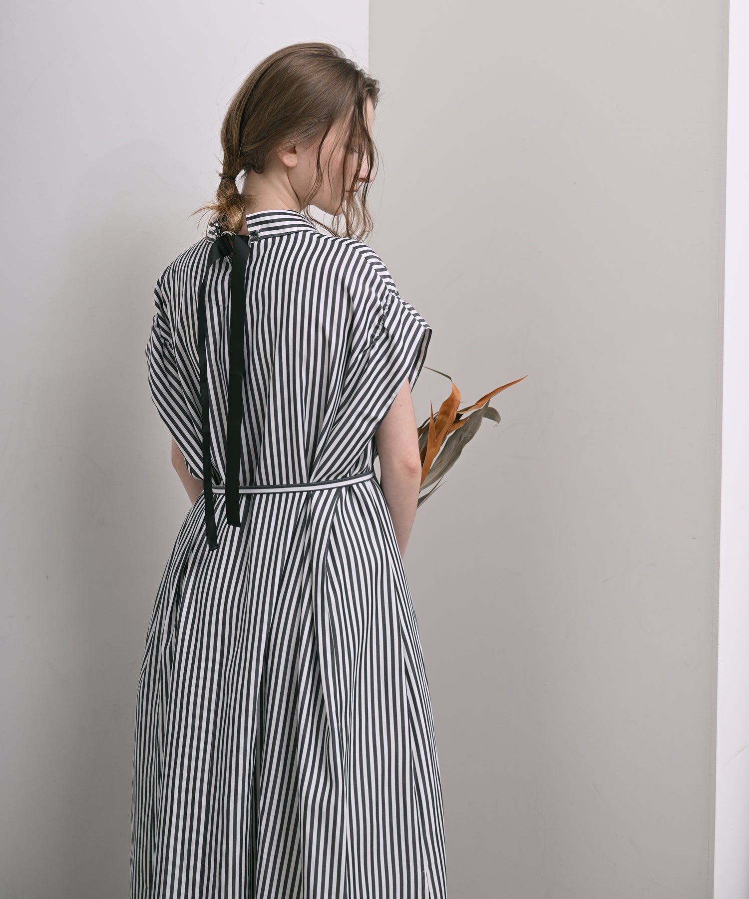 Back-Ribbon Striped Shirt Dress