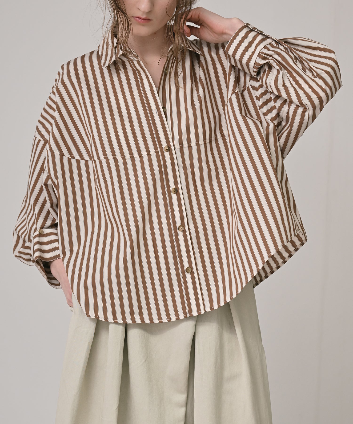 トップス T. japan stripe tunic blouse 人気のため再生産】Stripe Sleeve Button-up Blouse
