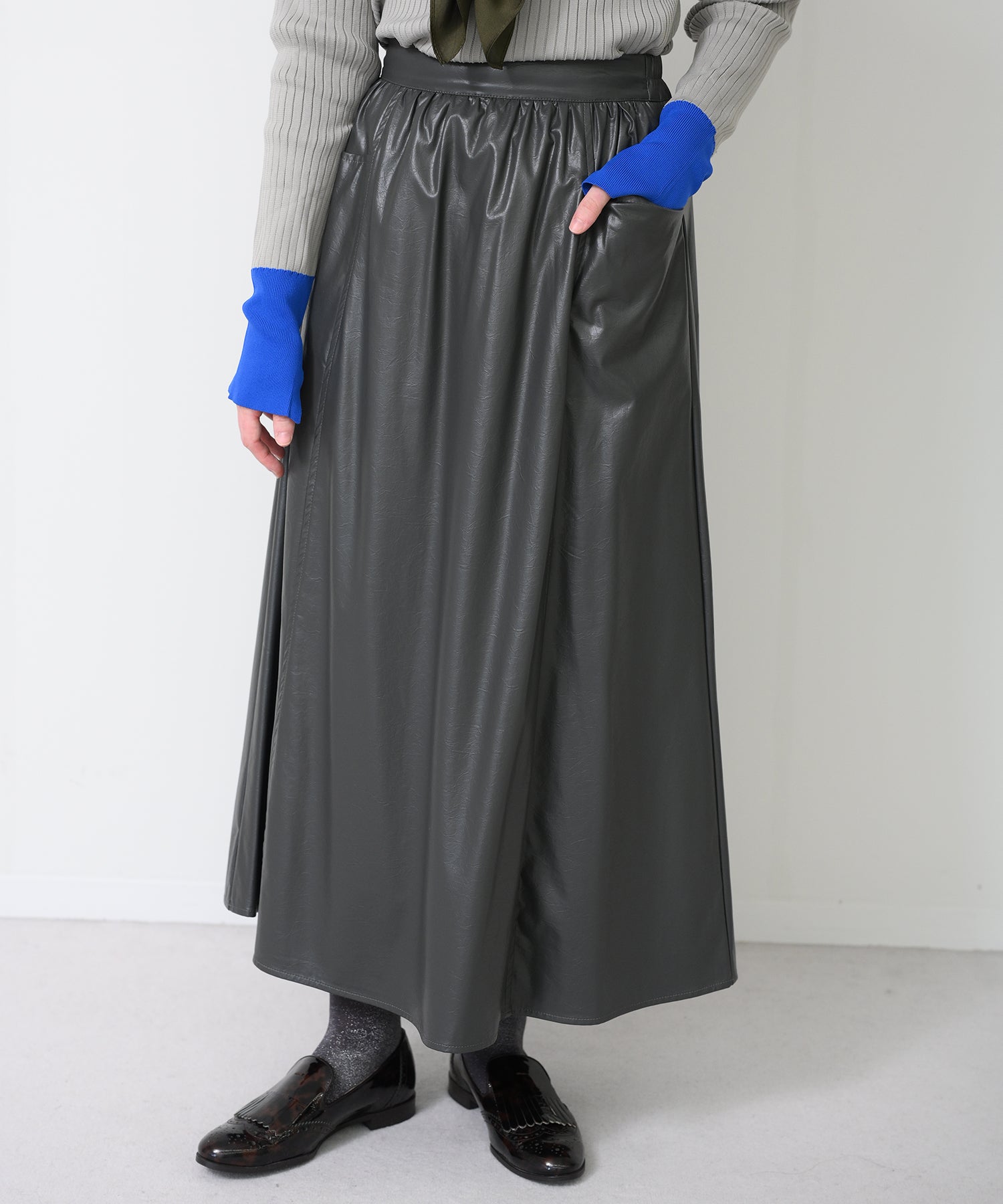 Faux Leather Gather Flare Skirt