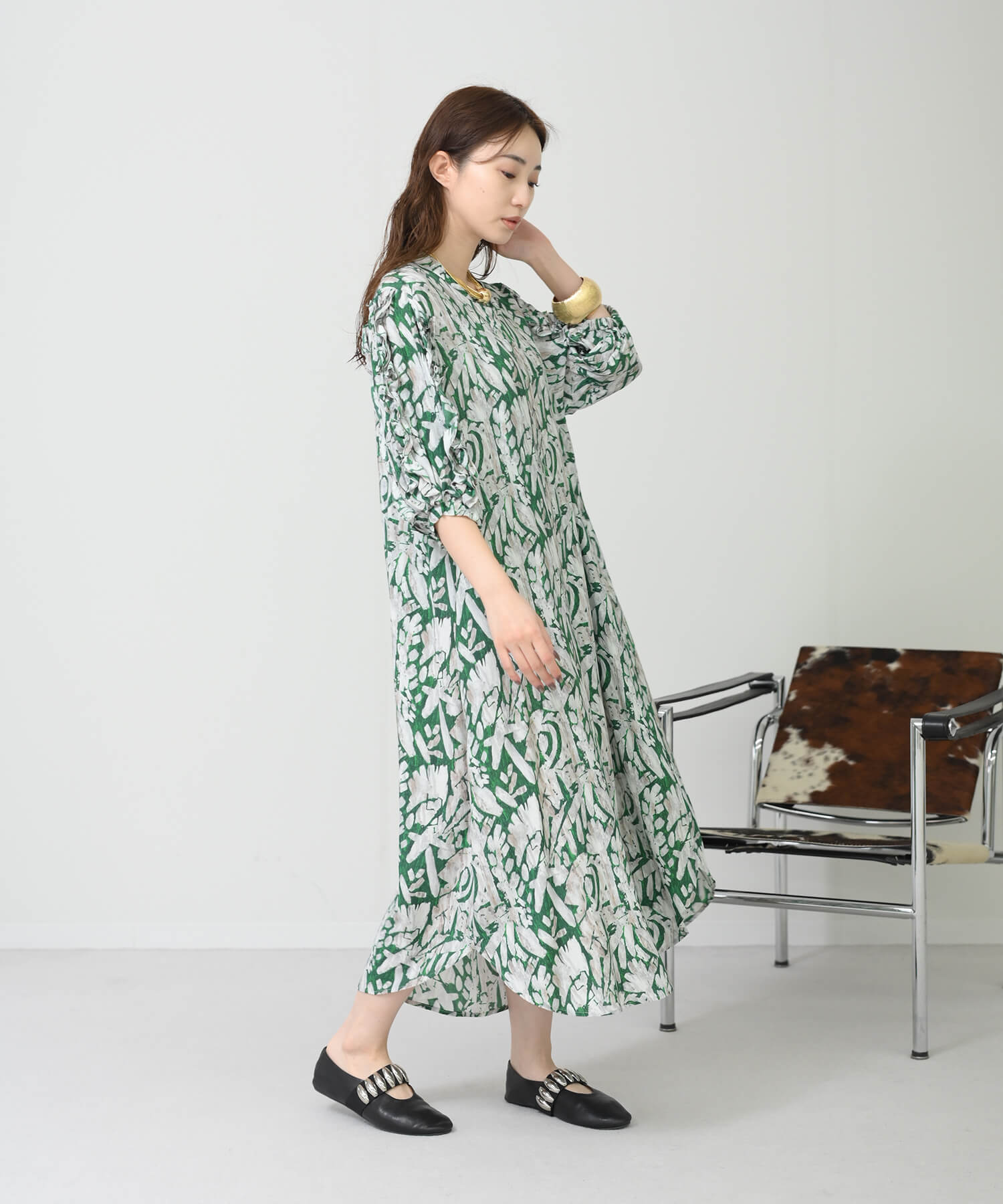 【Timesale】フリル袖柄ドレスワンピース