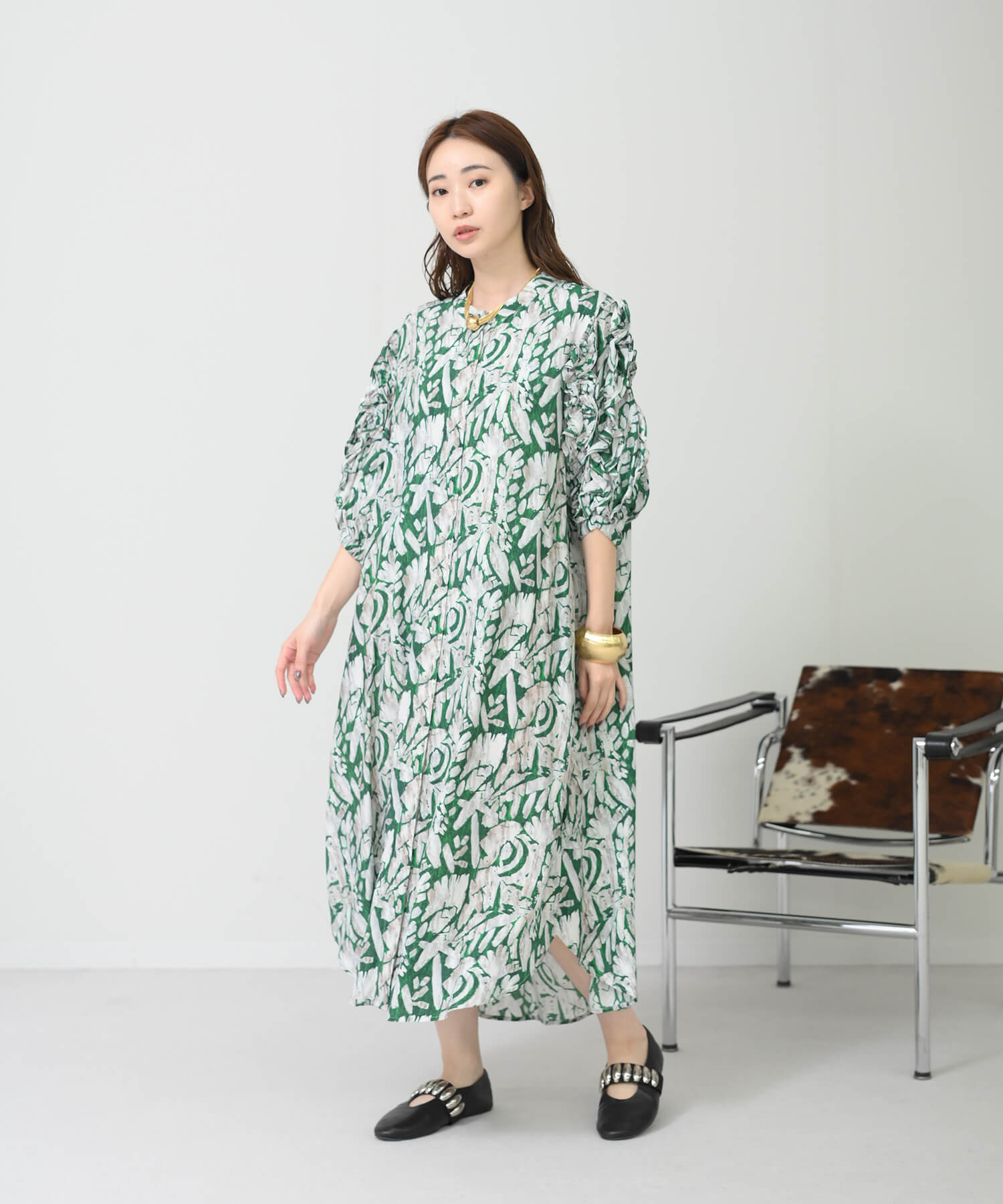 【Timesale】フリル袖柄ドレスワンピース