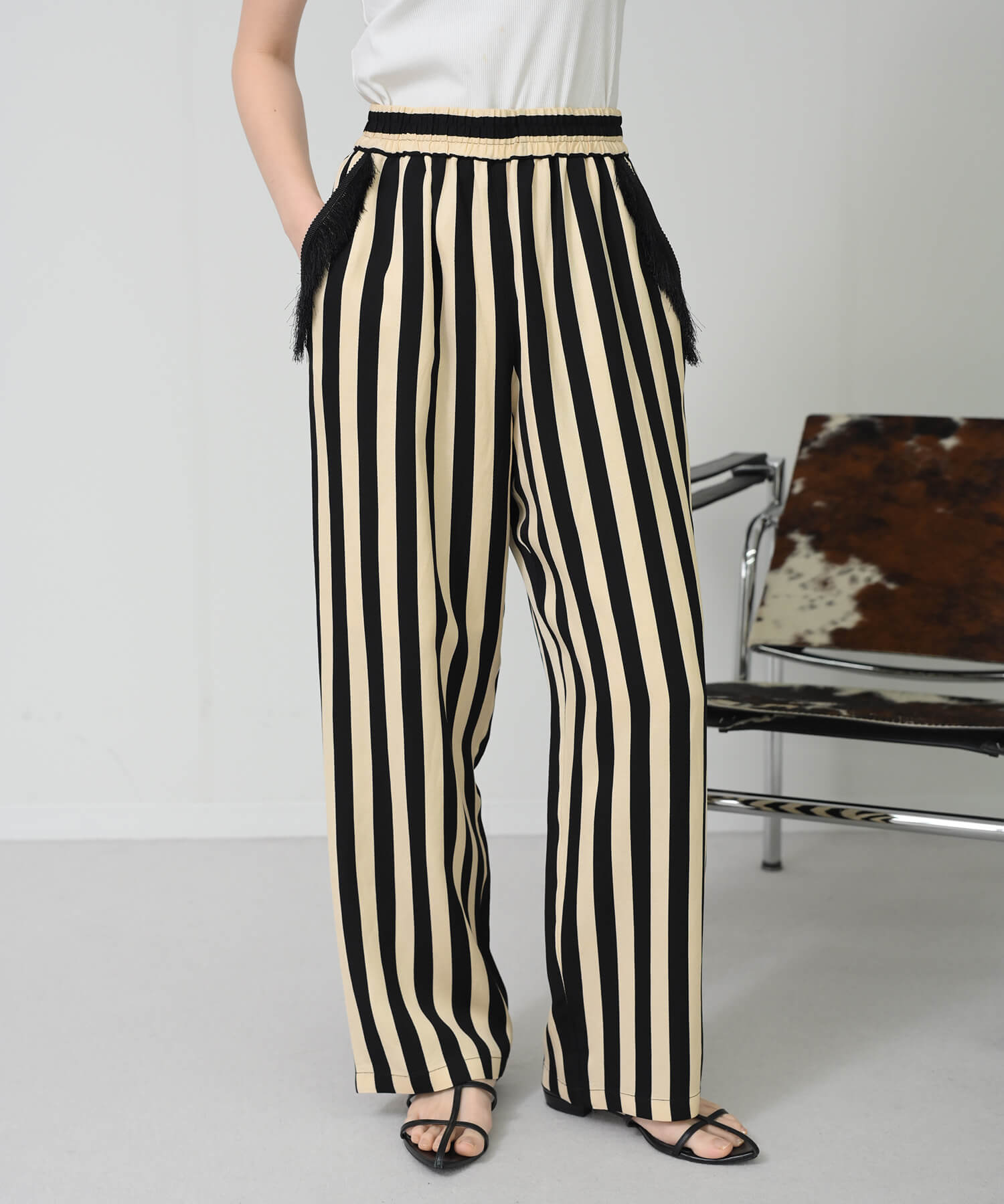 【Timesale】ストライプポケットフリンジパンツ