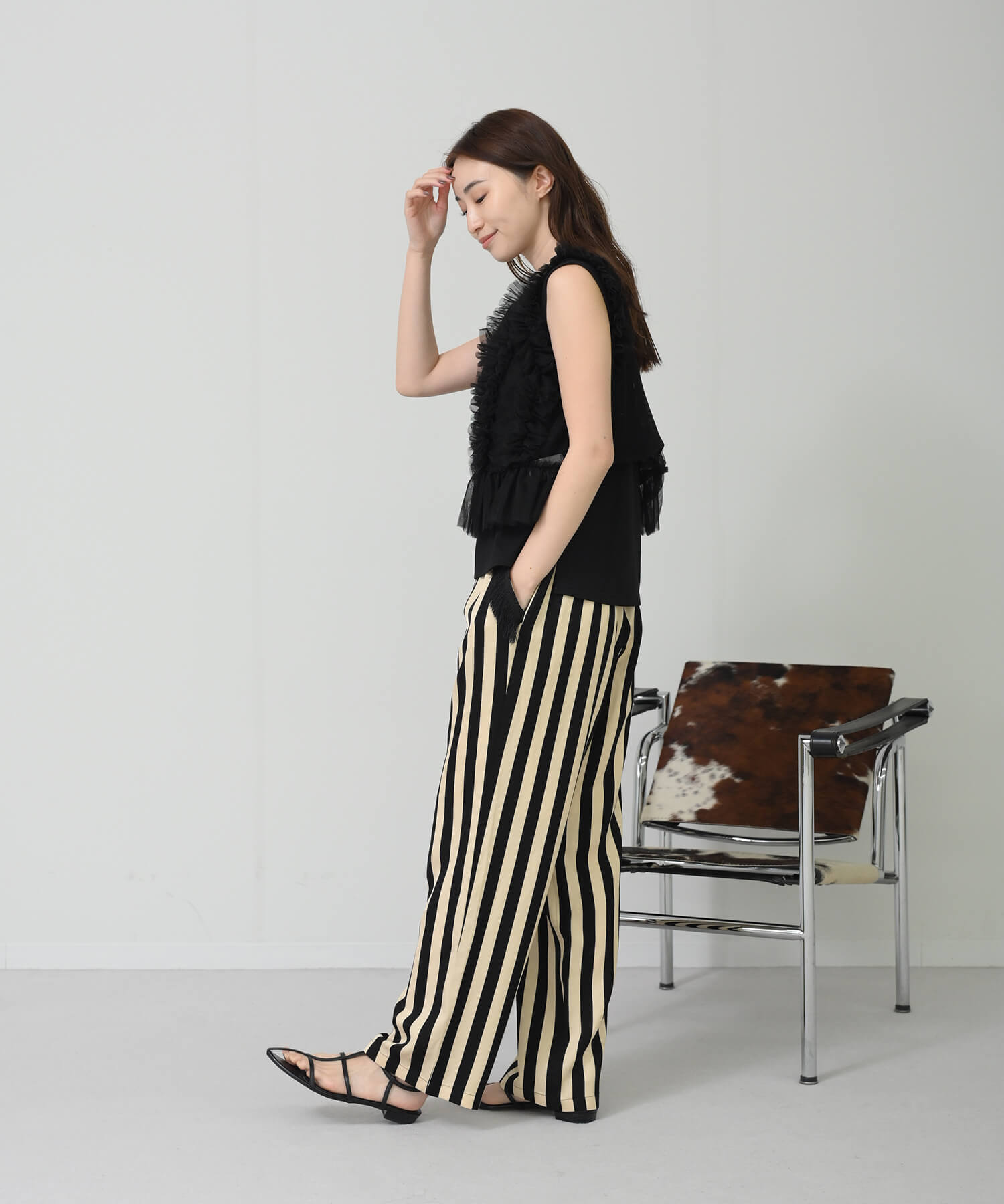 【Timesale】ストライプポケットフリンジパンツ