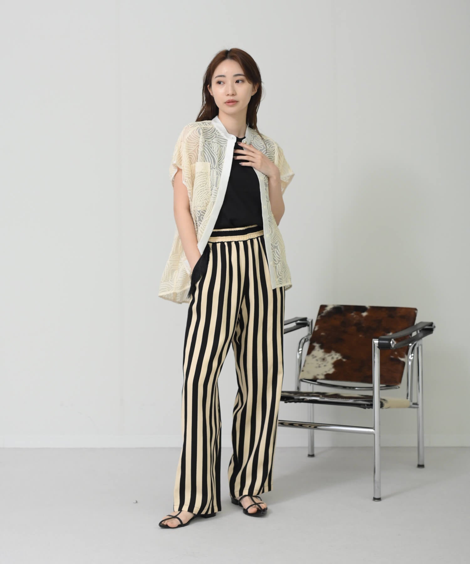 【Secretsale】ストライプポケットフリンジパンツ