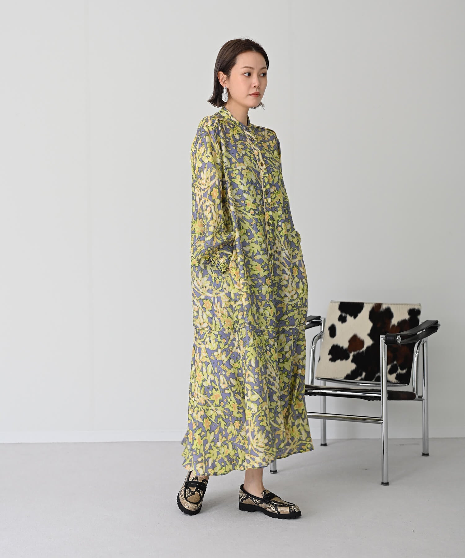 【Secretsale】パイピングラインシャツ柄ワンピースドレス