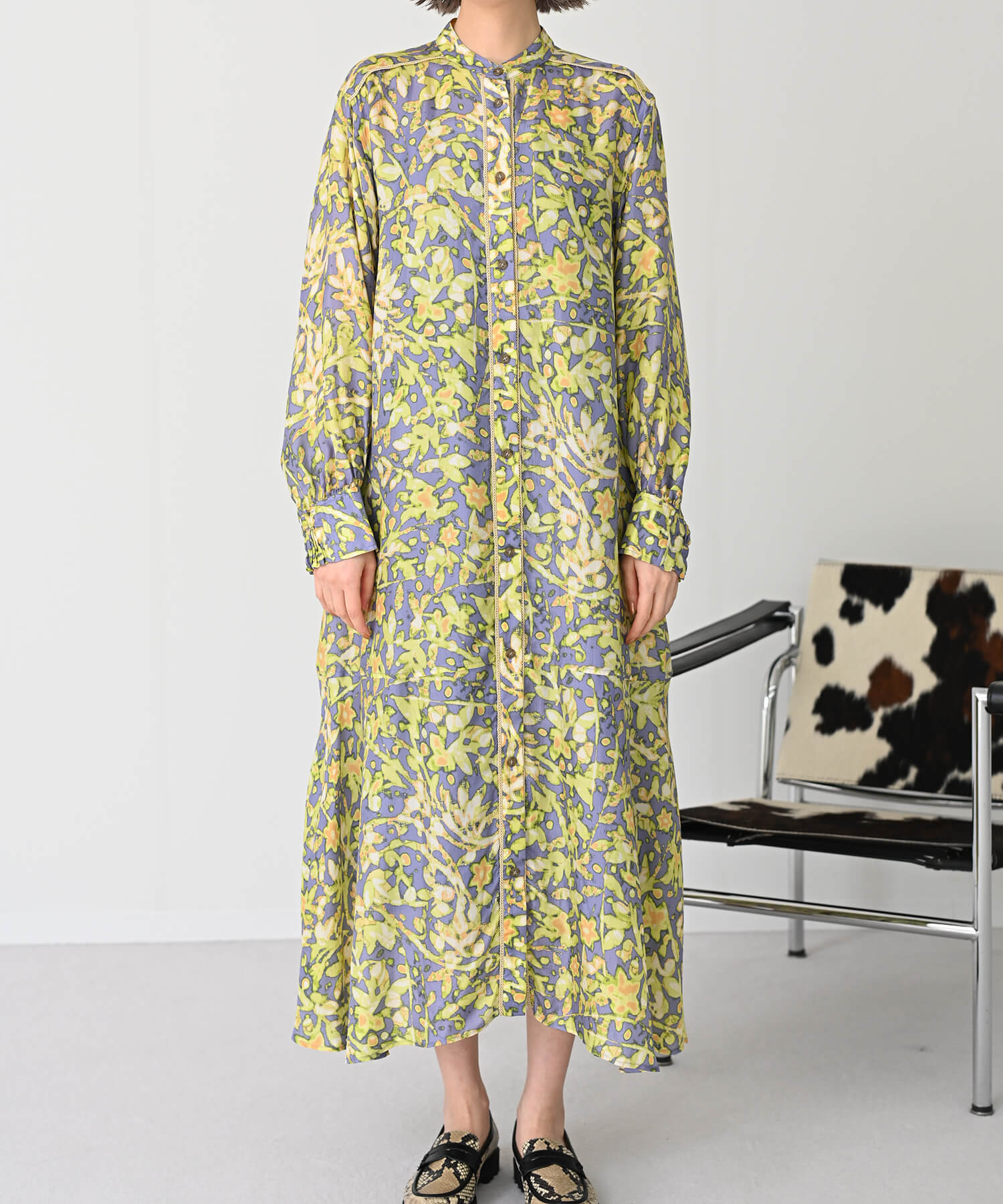 【Secretsale】パイピングラインシャツ柄ワンピースドレス