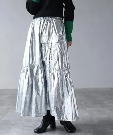 HERENCIA / Side envelope pocket metallic tiered skirt
