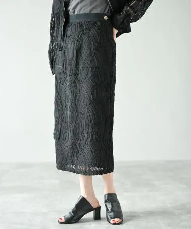 HERENCIA / Cord lace sheer semi-tight skirt