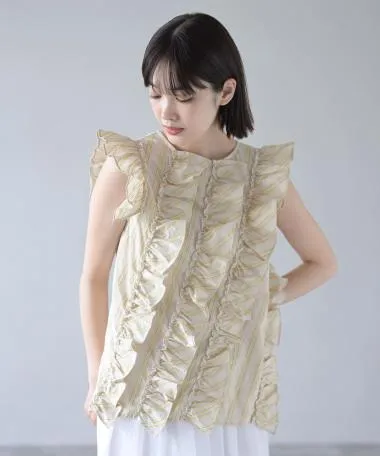 HERENCIA / striped ruffle sleeveless blouse