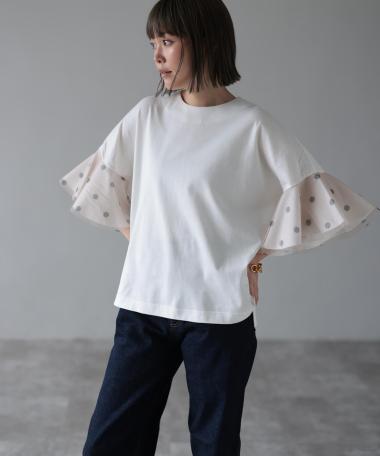 HERENCIA / drop shoulder dot tulle flare sleeve cut and sew