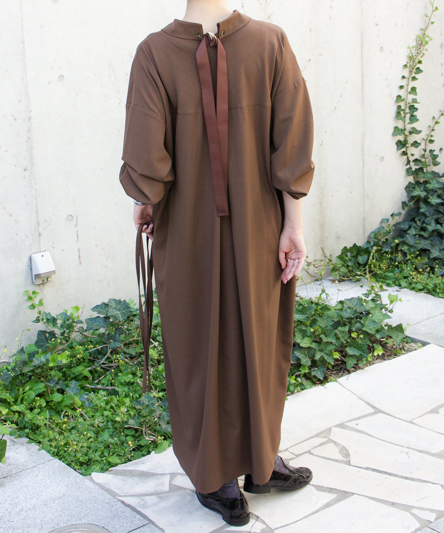 Back Ribbon Long Sleeve Shirt Dress