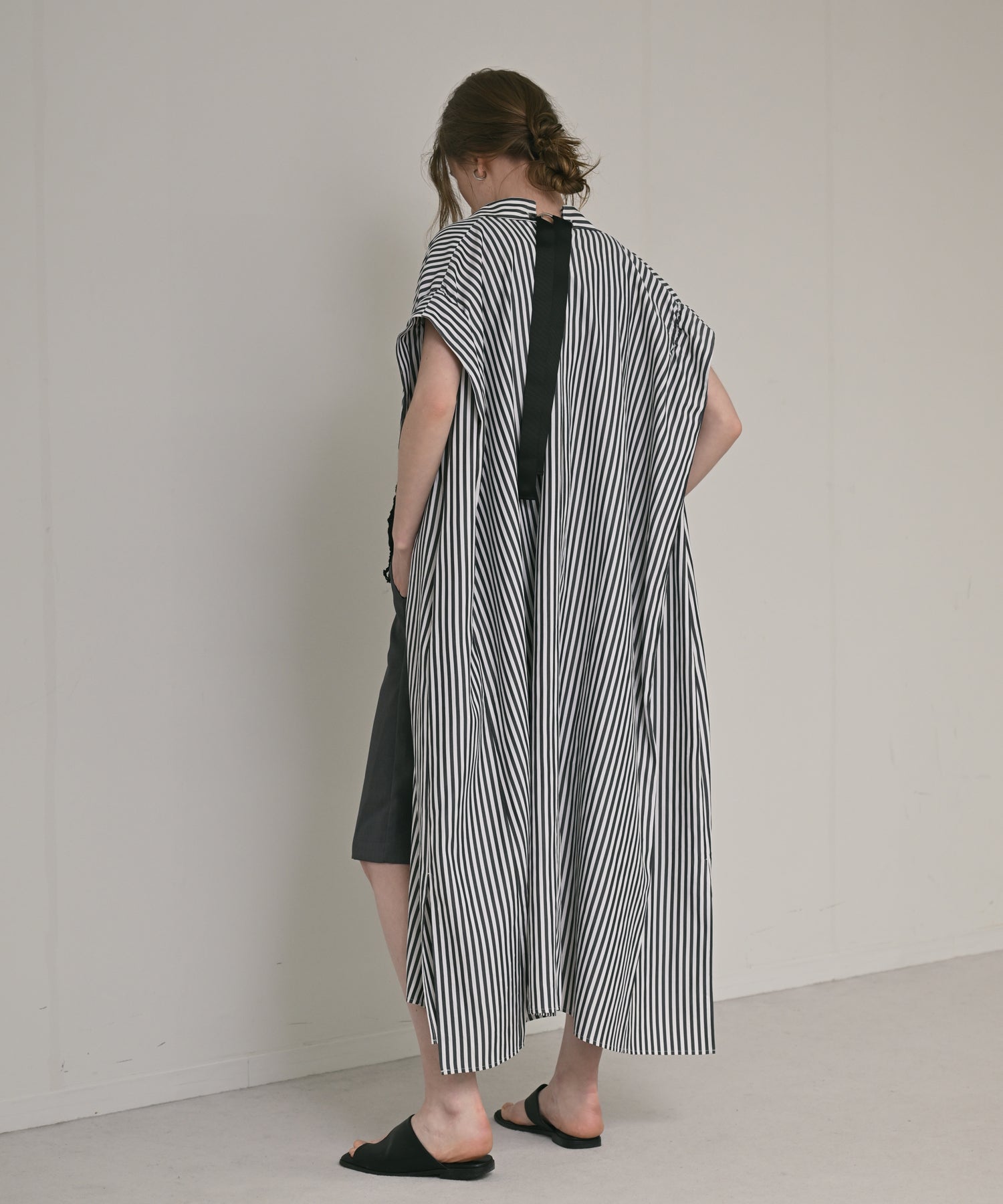 Back-Ribbon Striped Shirt Dress