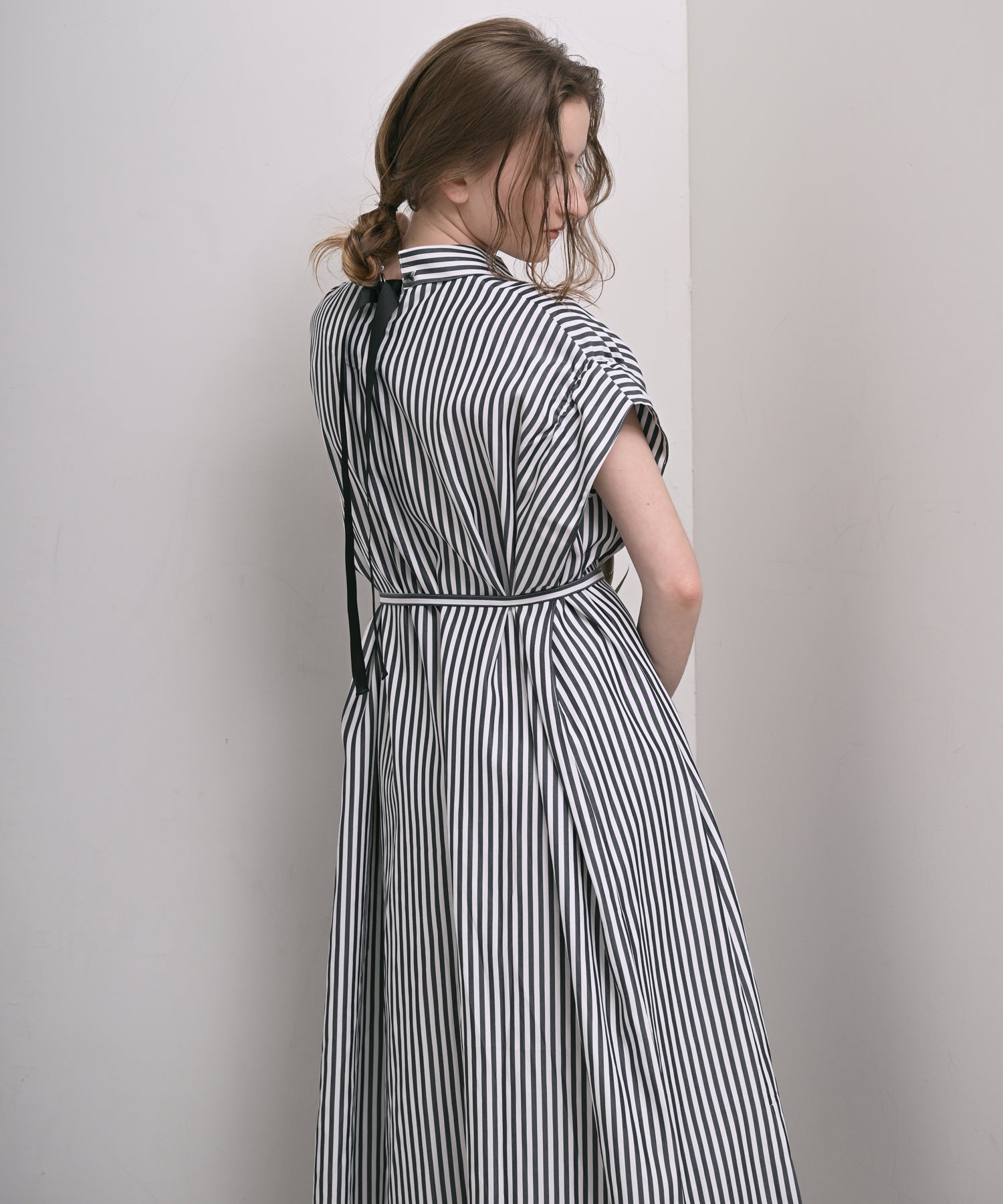 Timesale】Back-Ribbon Striped Shirt Dress