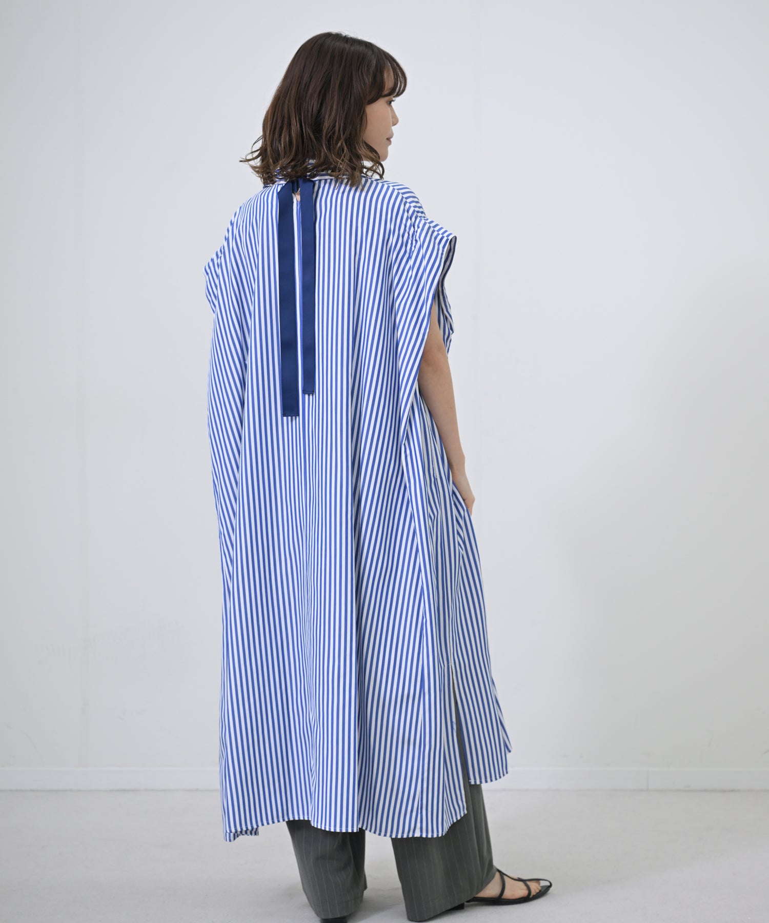 Back-Ribbon Striped Shirt Dress