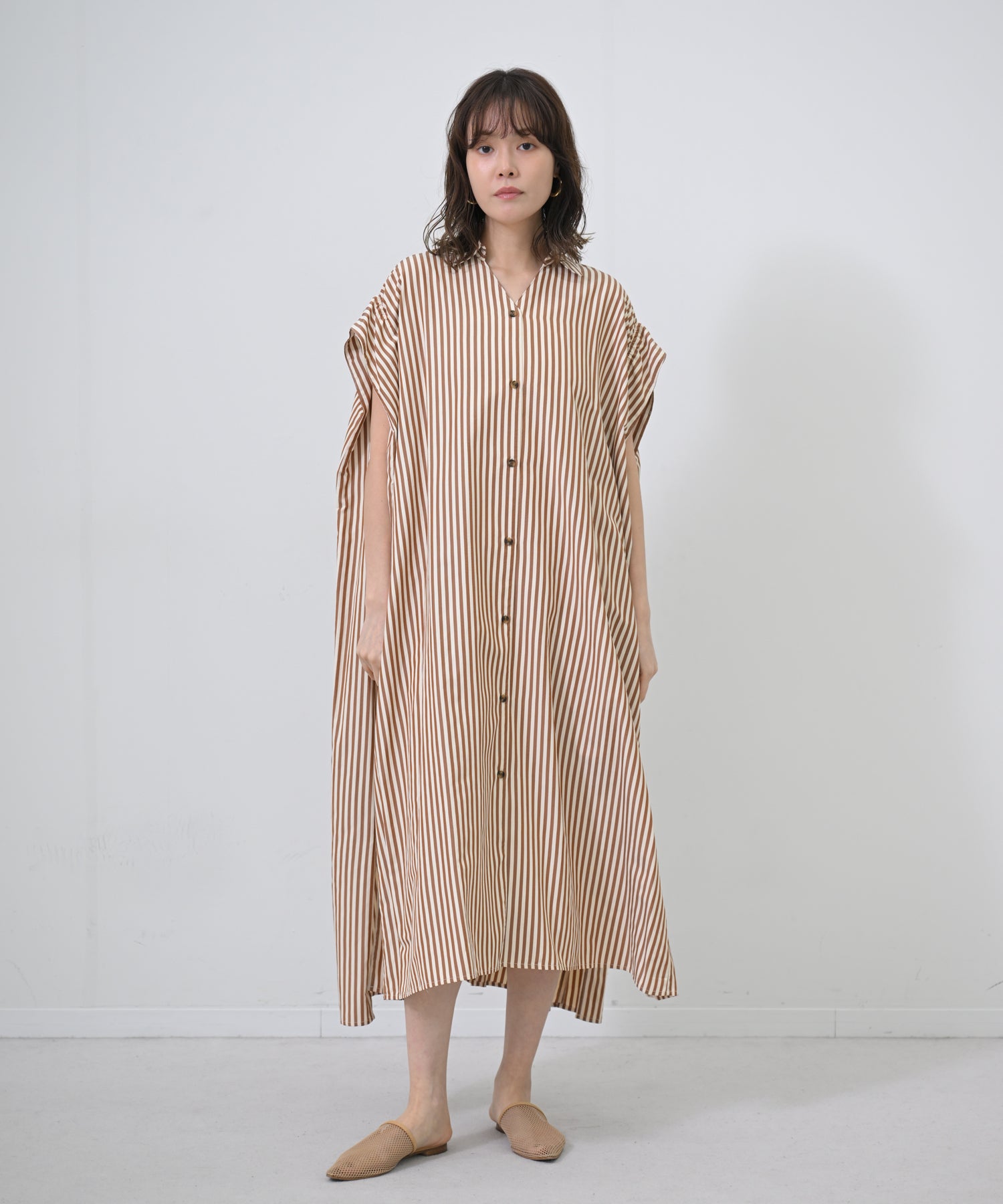 Back-Ribbon Striped Shirt Dress