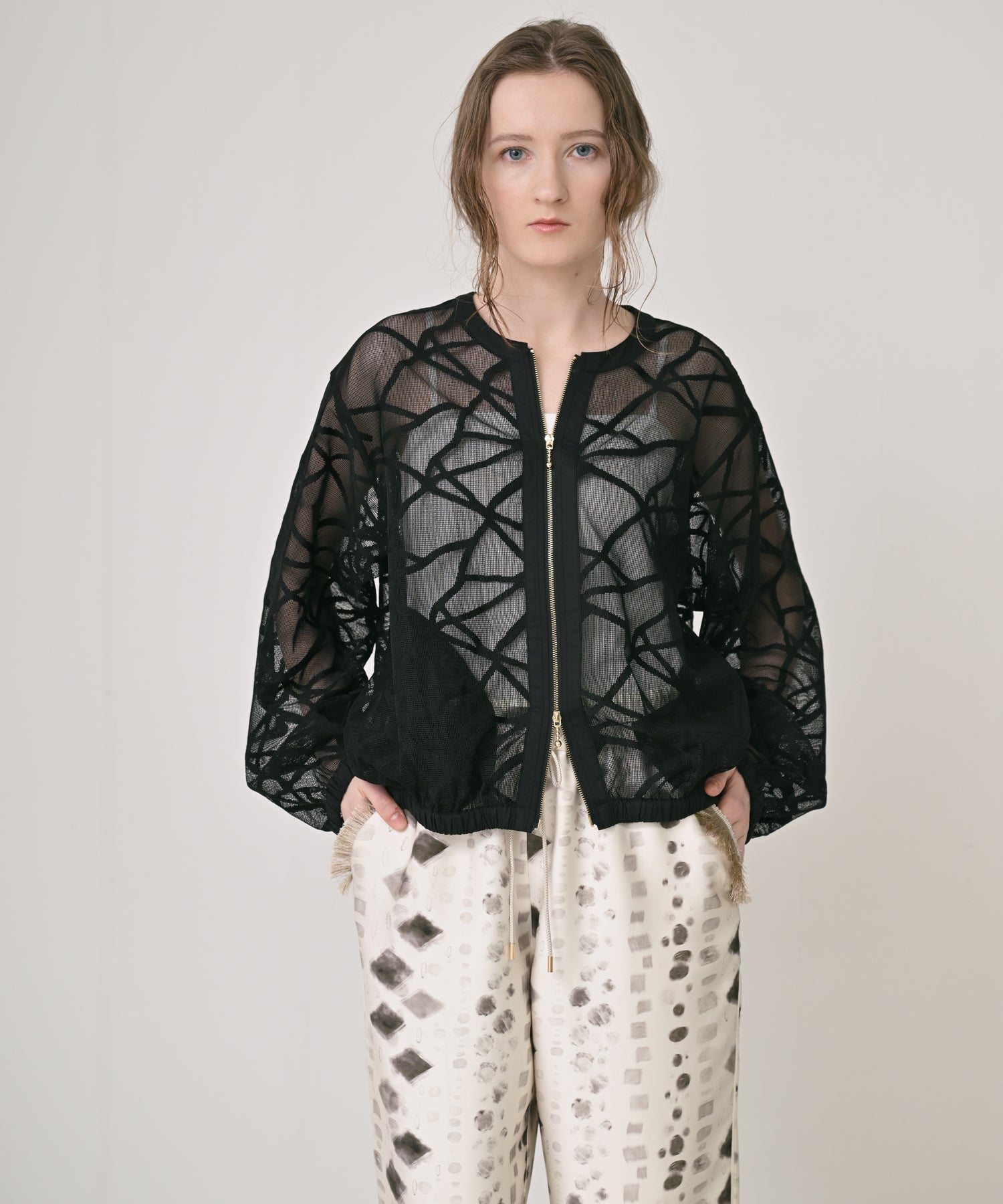 Sheer Pattern Zip Blouson