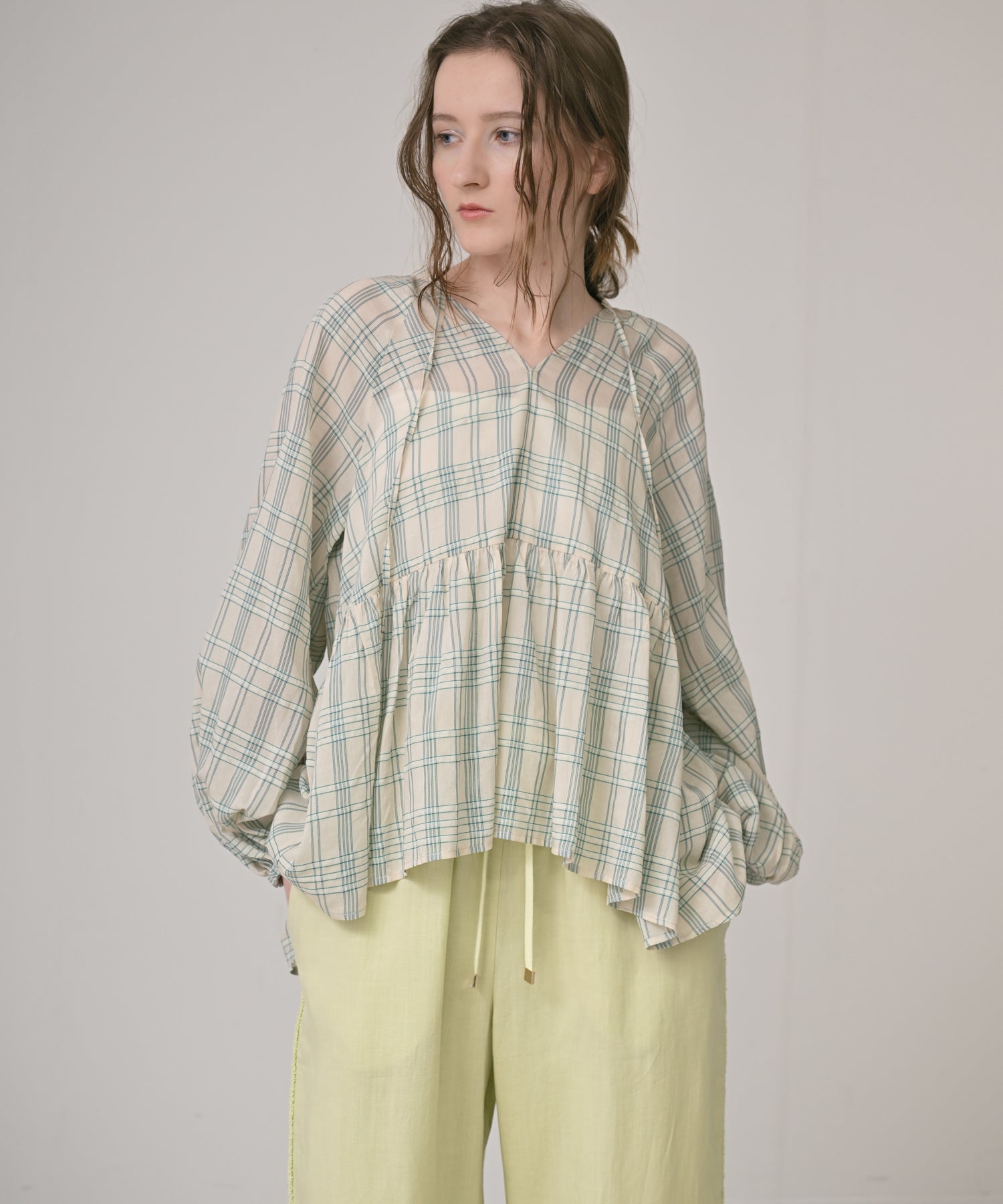 【ご購入者さま専用】HEVE Ripple Peplum Blouse Sheer Check Peplum Blouse