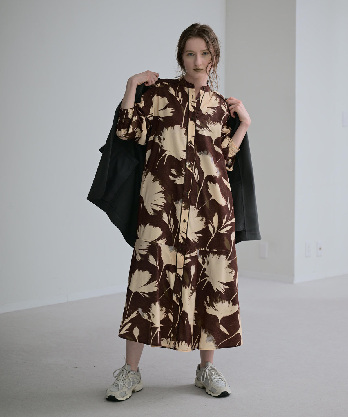 Botanical Print Band Collar Shirt Dress