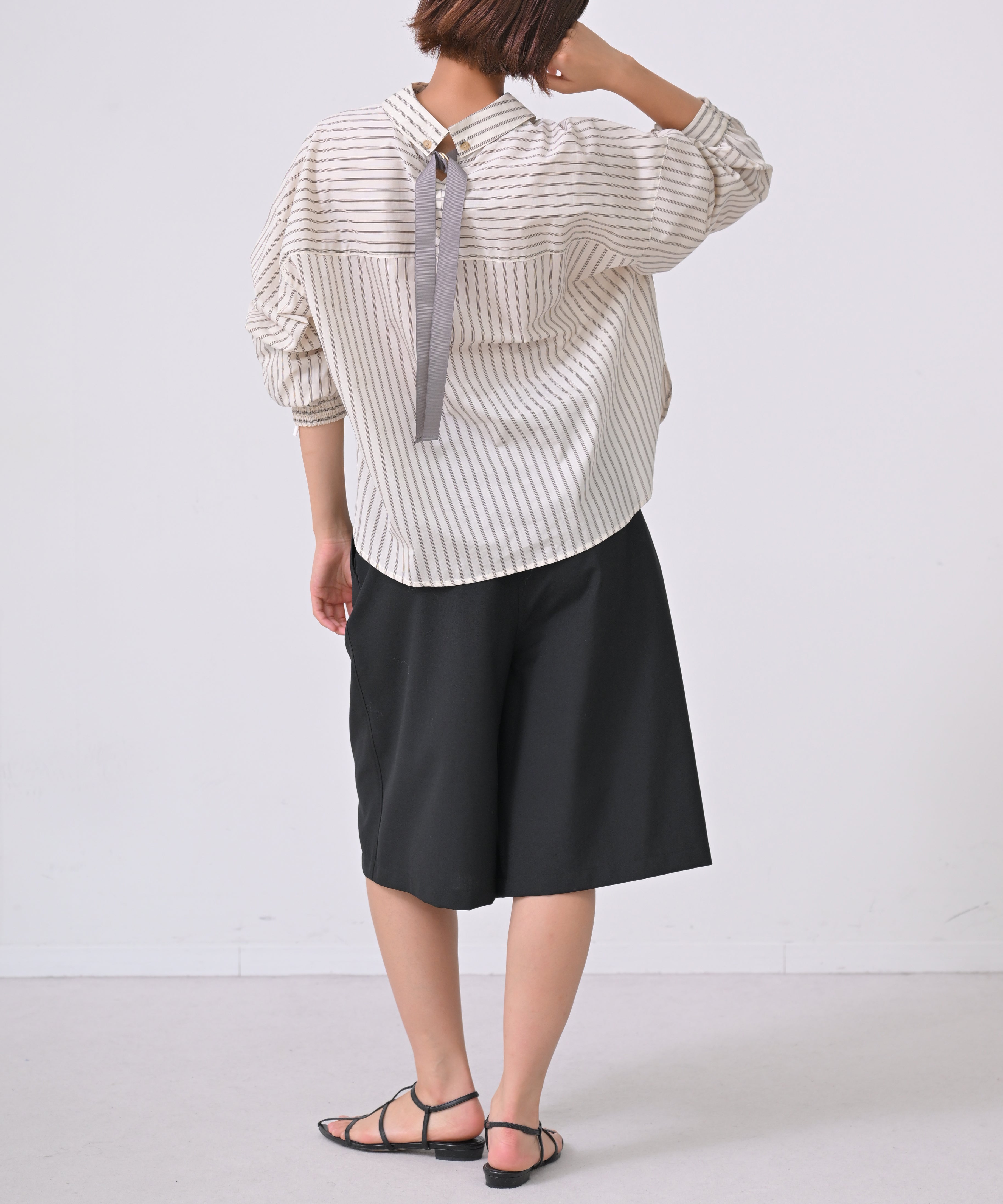Striped Blouse With Back Ribbon