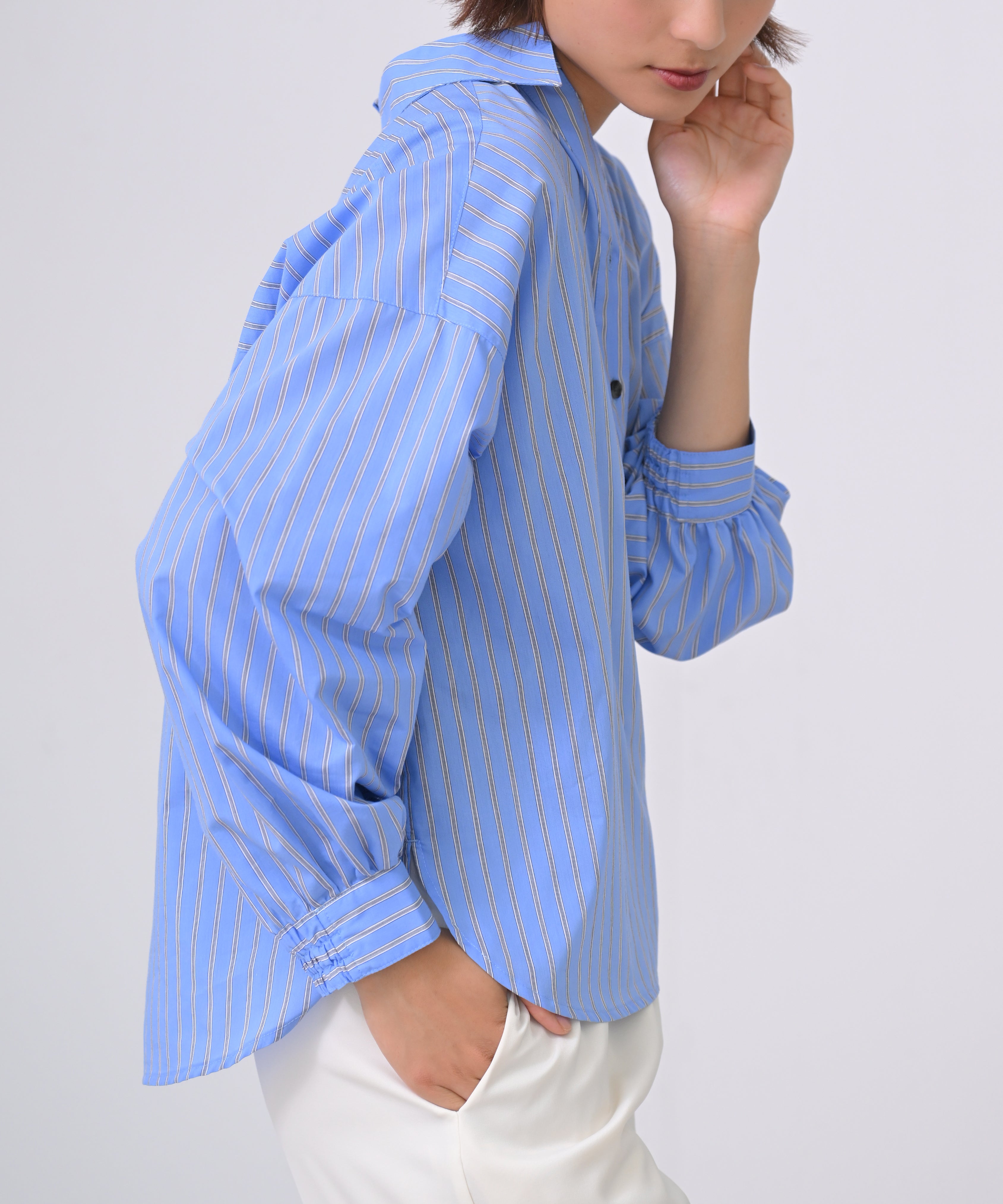 Herencia新品✨Back Ribbon Stripe ブラウス(サックス) Striped Blouse With Back Ribbon