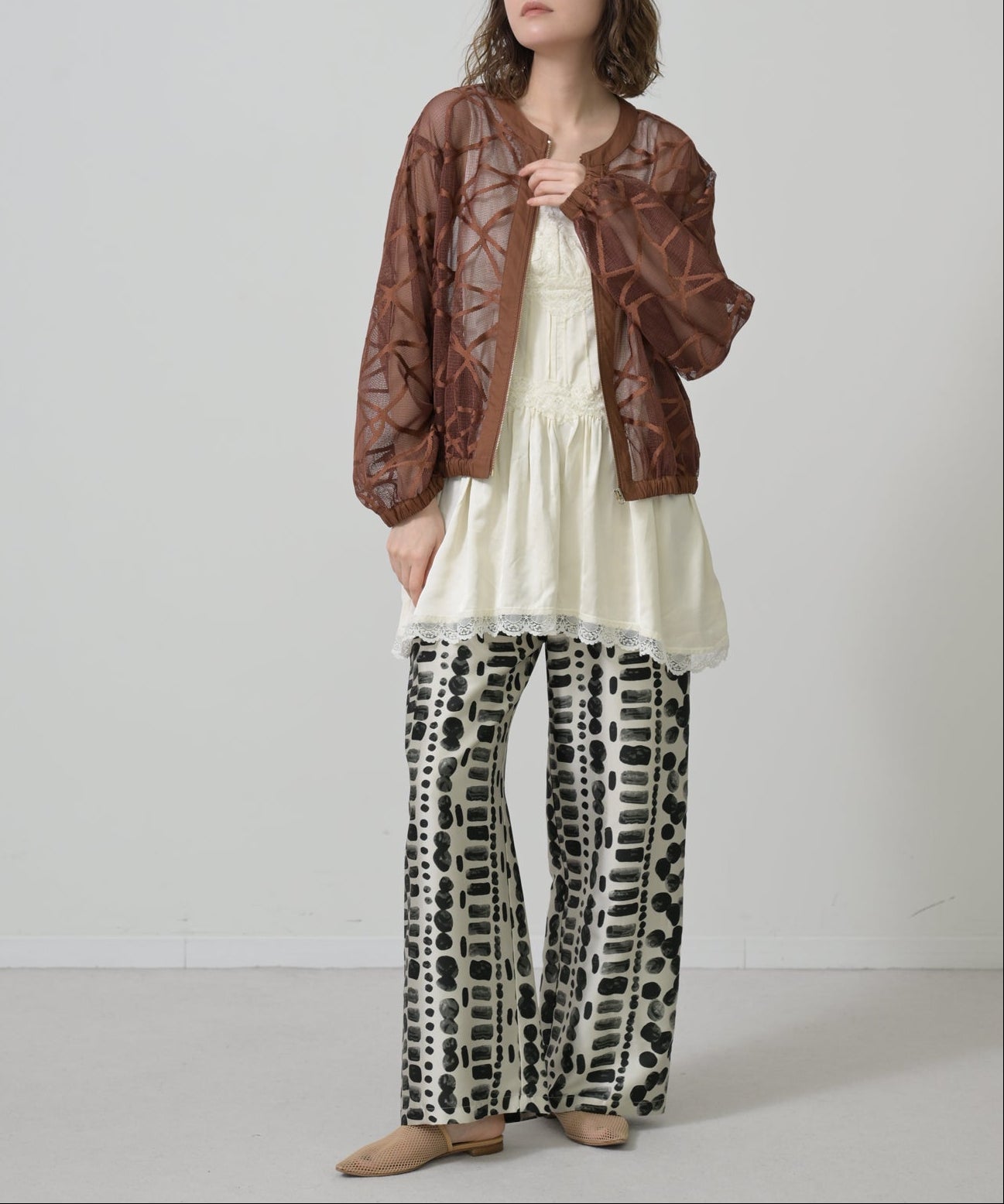 Sheer Pattern Zip Blouson