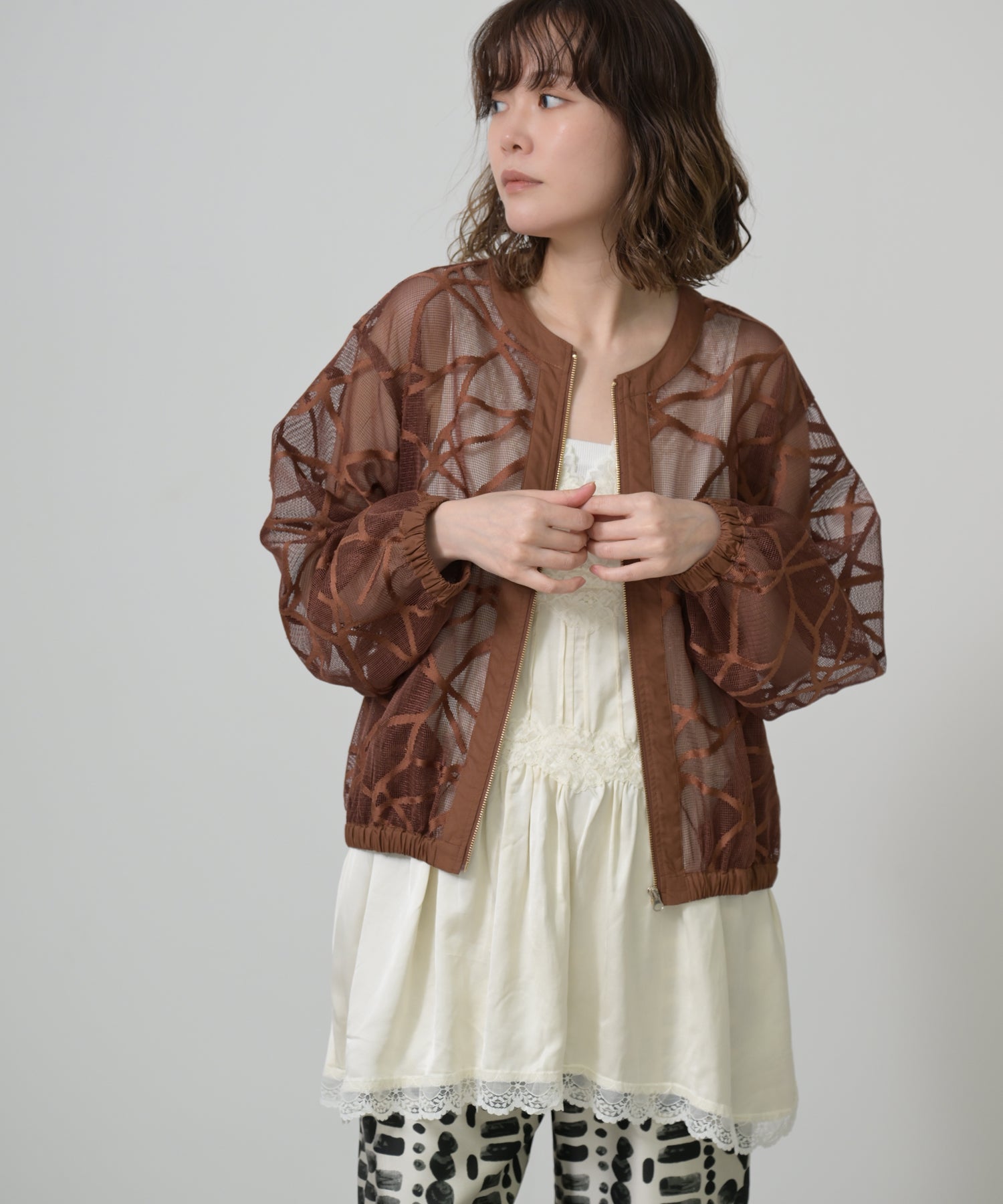 Sheer Pattern Zip Blouson