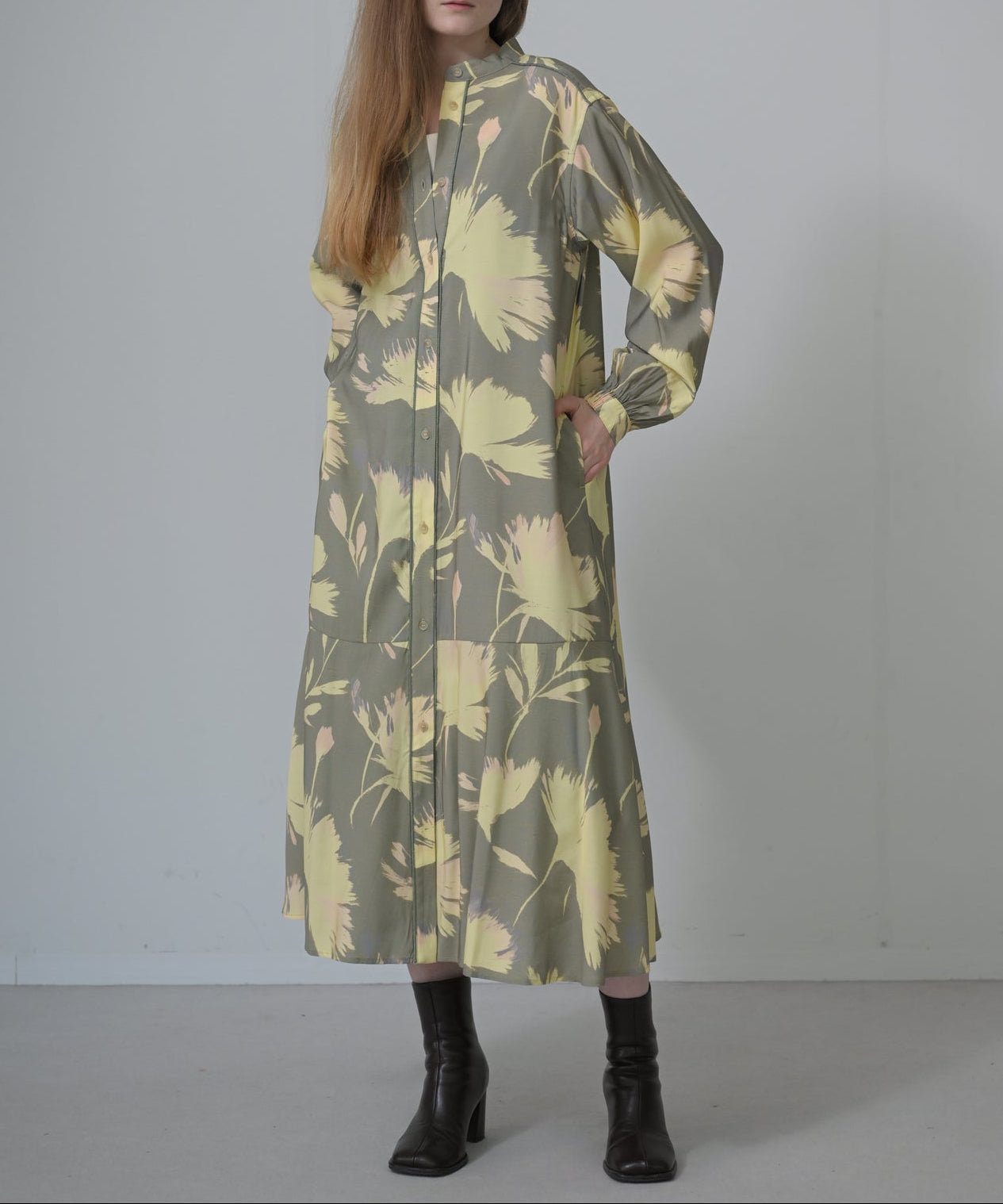 Botanical Print Band Collar Shirt Dress グリーン×ベージュ