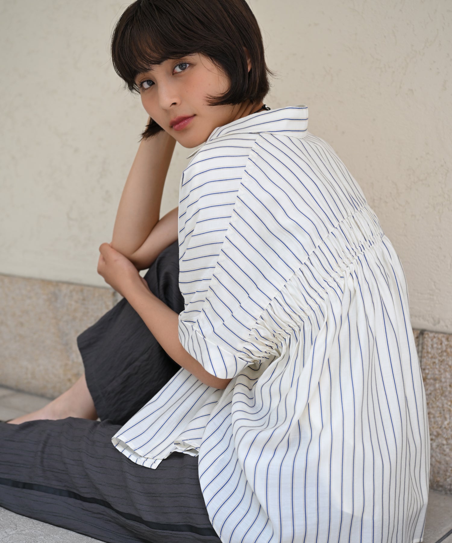 Back Shirred Striped Blouse