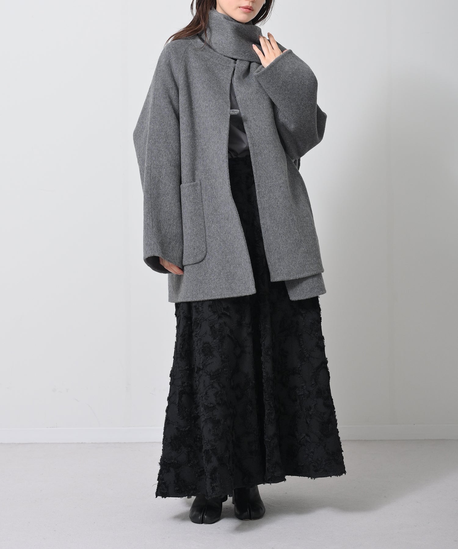 Scarf-Attached Wool Coat