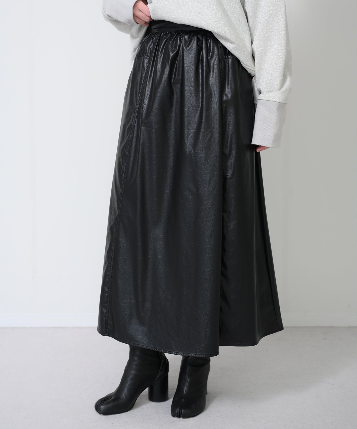 Faux Leather Gather Flare Skirt