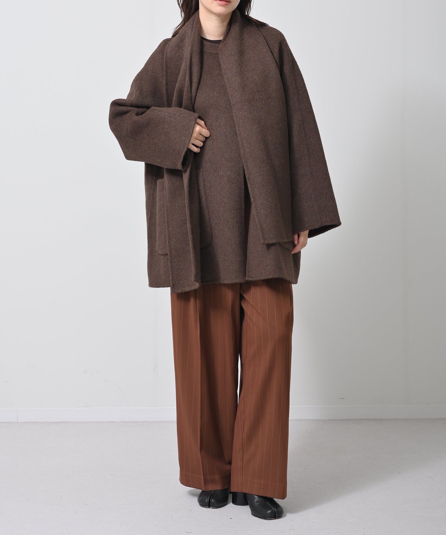 Scarf-Attached Wool Coat