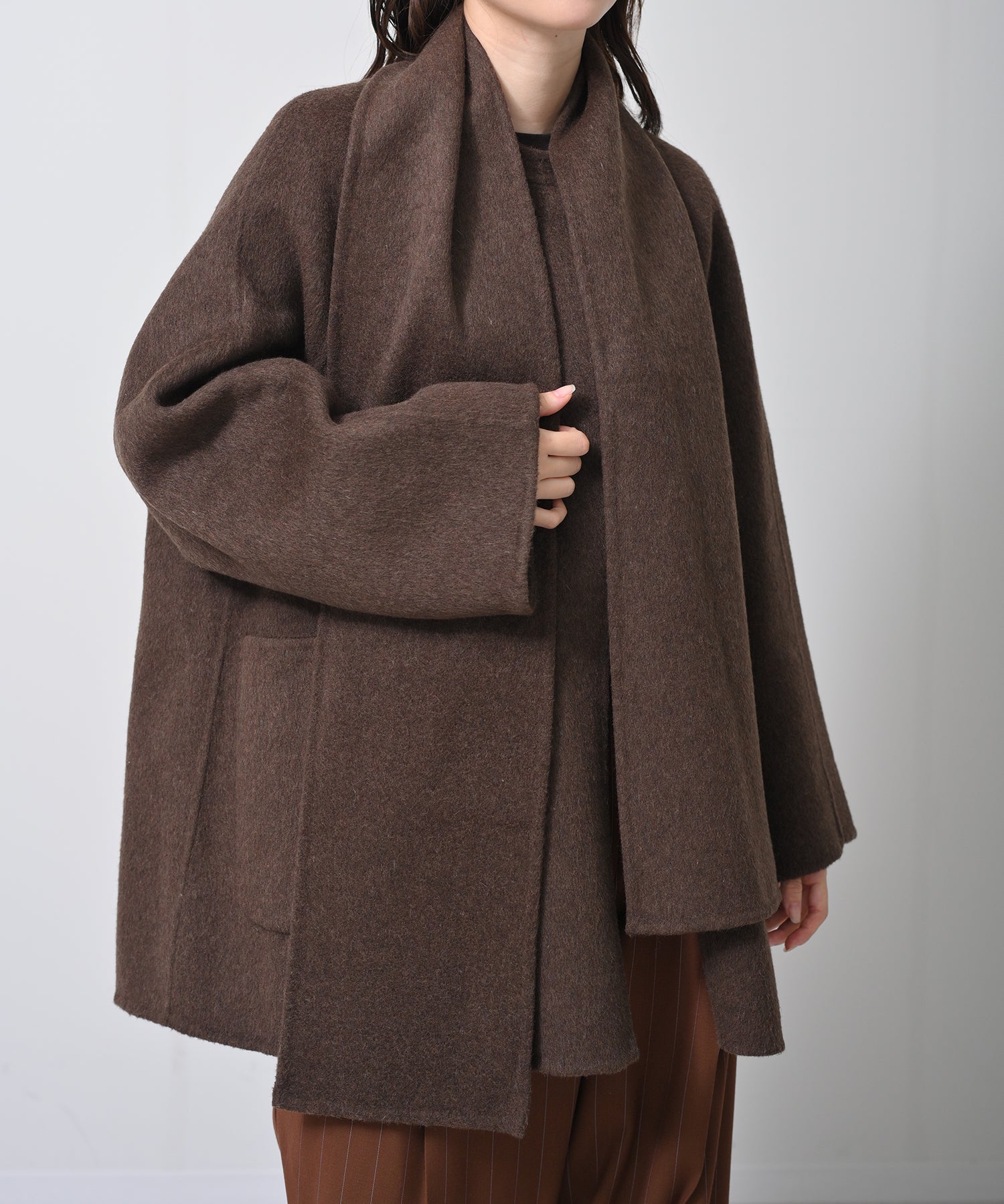 Scarf-Attached Wool Coat