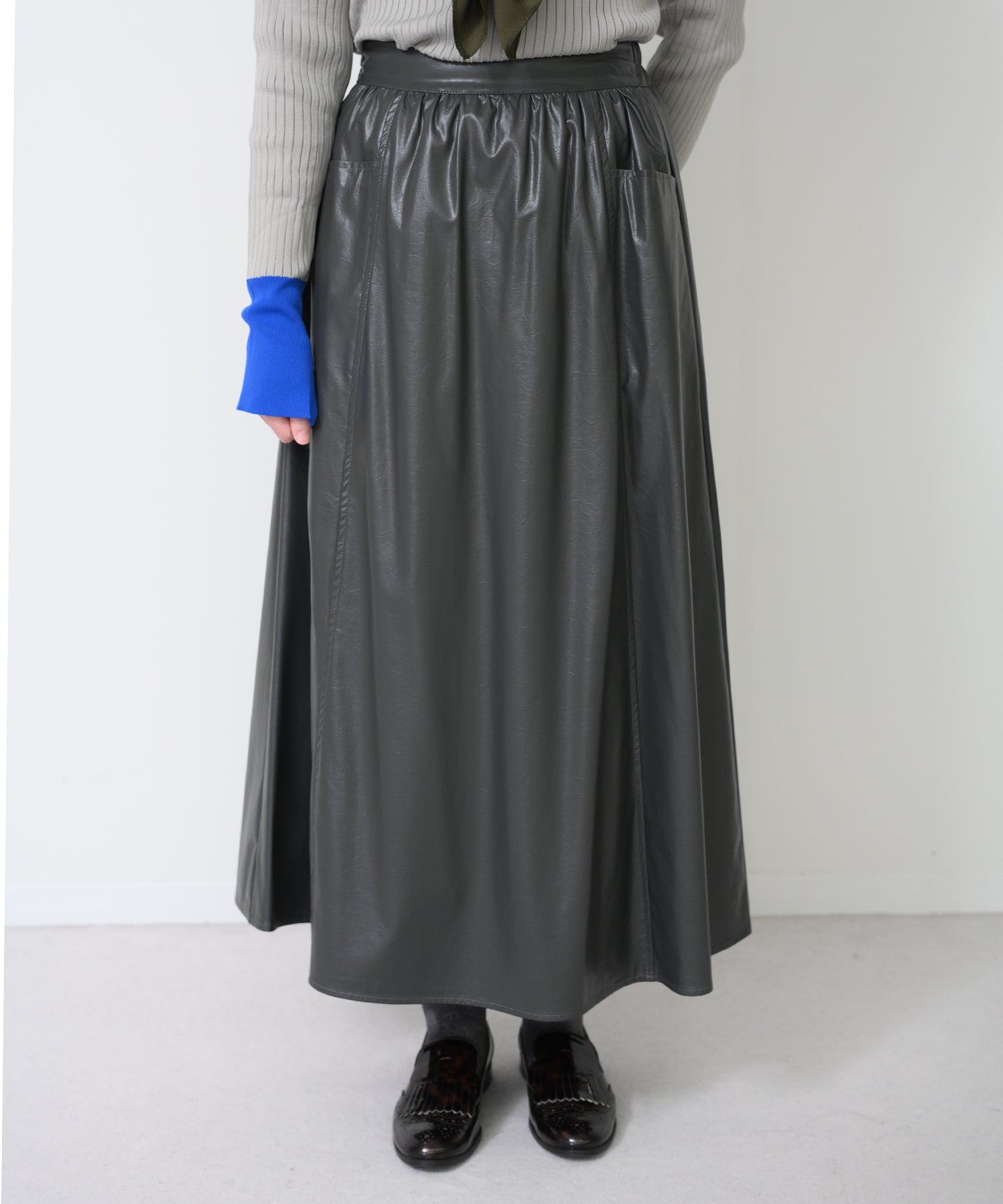 Faux Leather Gather Flare Skirt