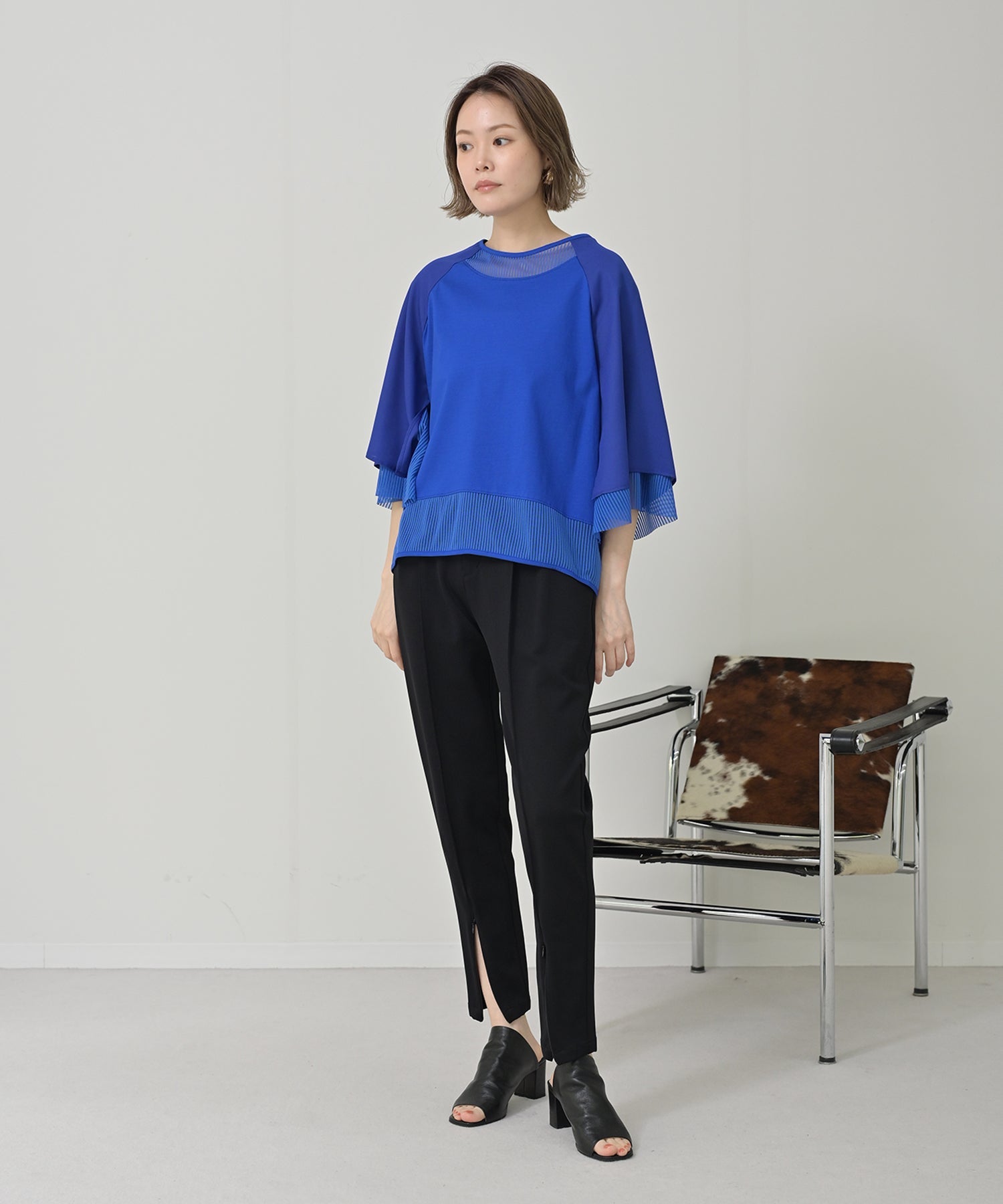 【Timesale】ストライプチュール袖トップス