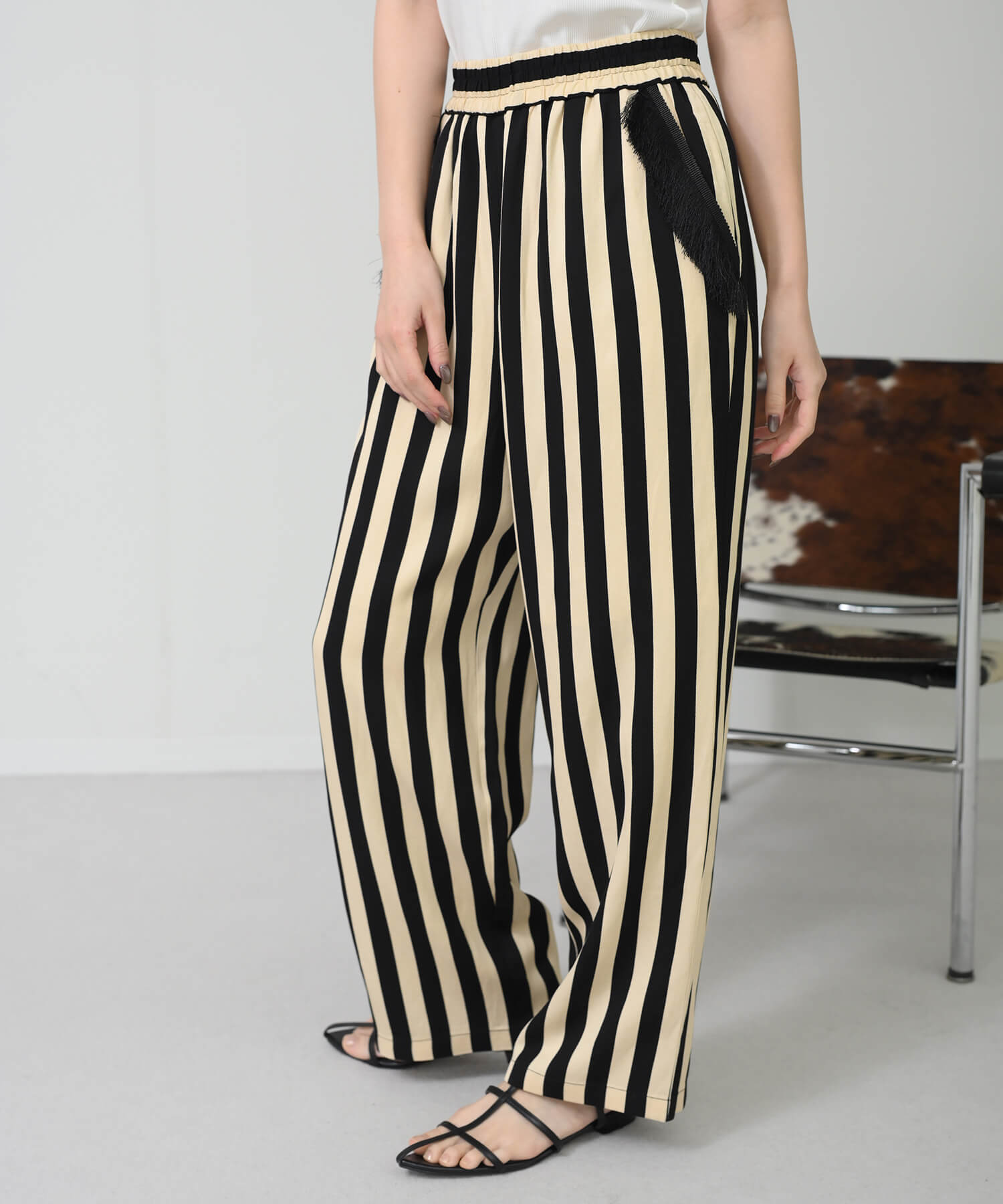 【Secretsale】ストライプポケットフリンジパンツ
