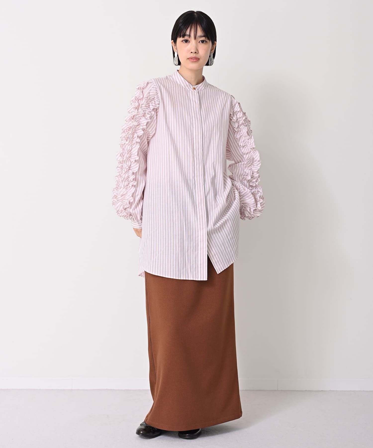 【Timesale】袖フリルチュニック丈ストライプブラウス