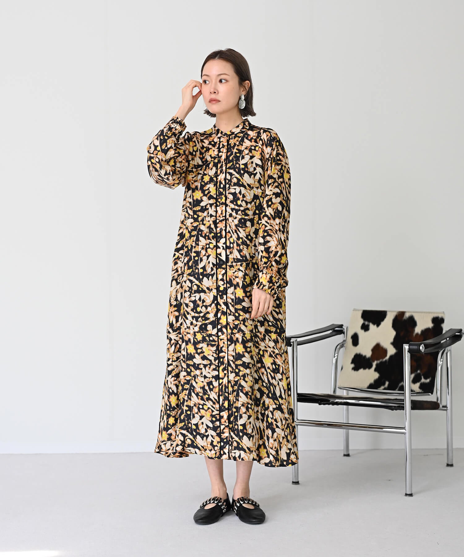 【Timesale】パイピングラインシャツ柄ワンピースドレス