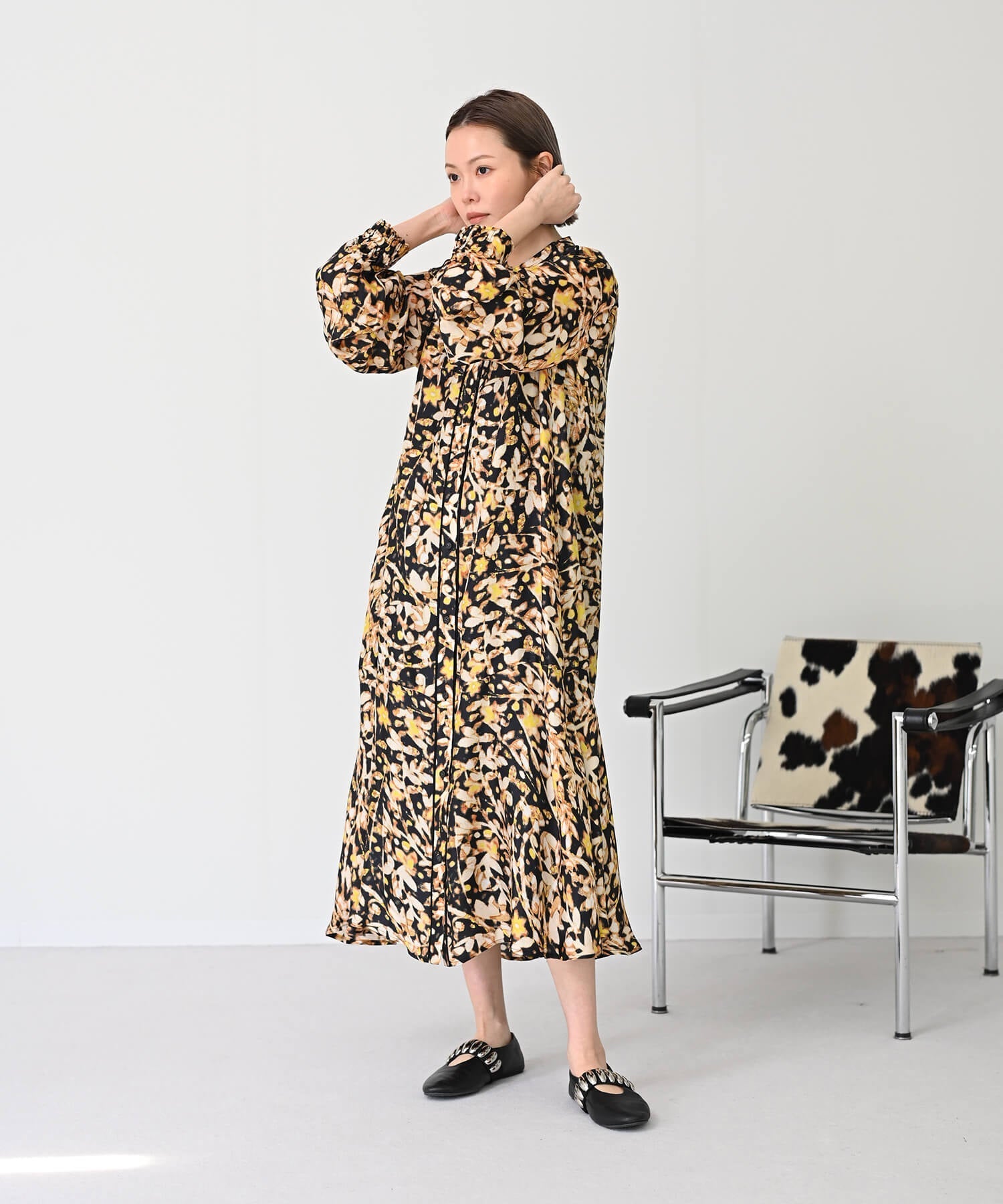 【Secretsale】パイピングラインシャツ柄ワンピースドレス