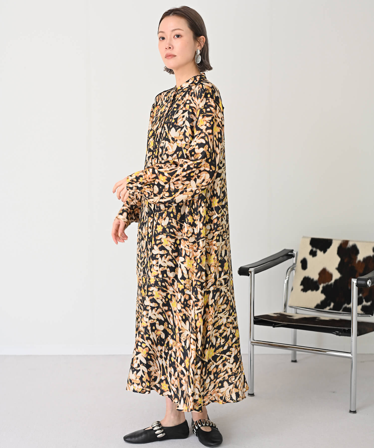 【Secretsale】パイピングラインシャツ柄ワンピースドレス