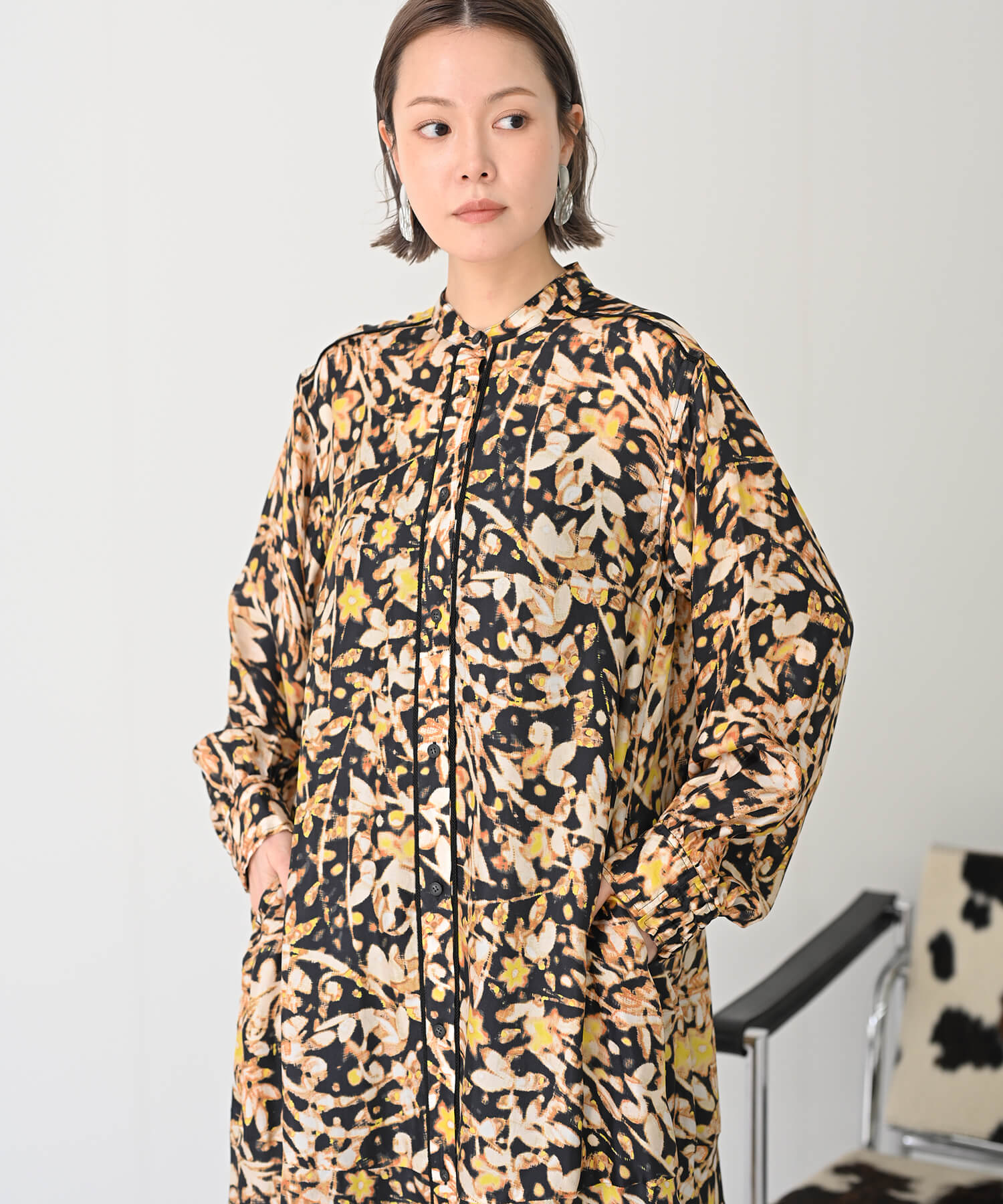 【Secretsale】パイピングラインシャツ柄ワンピースドレス