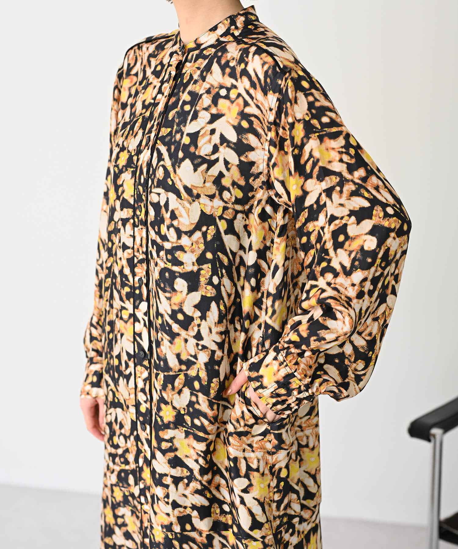 【Secretsale】パイピングラインシャツ柄ワンピースドレス