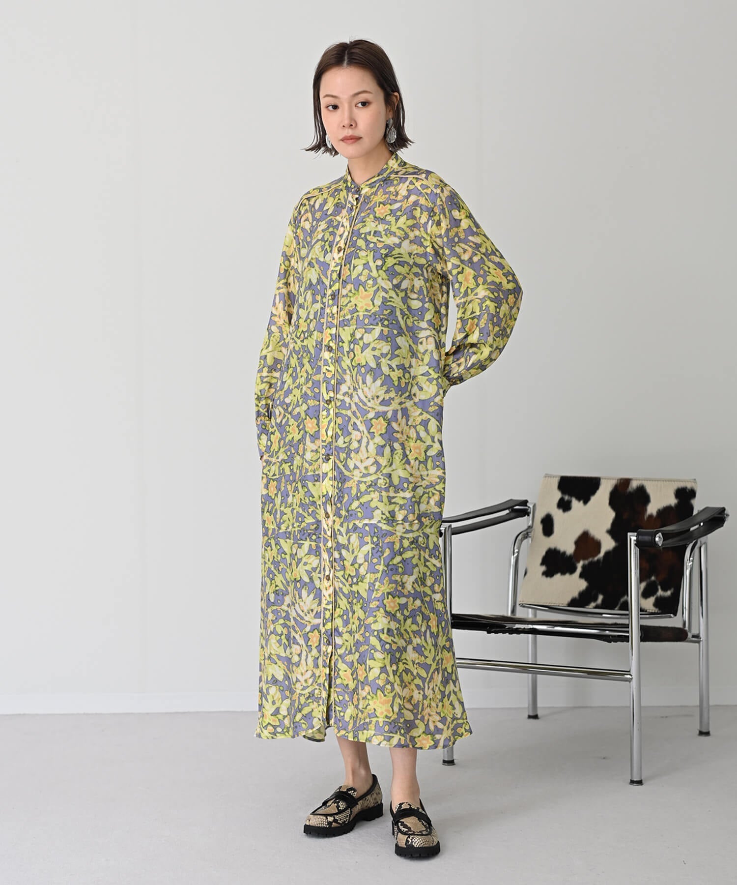 【Secretsale】パイピングラインシャツ柄ワンピースドレス