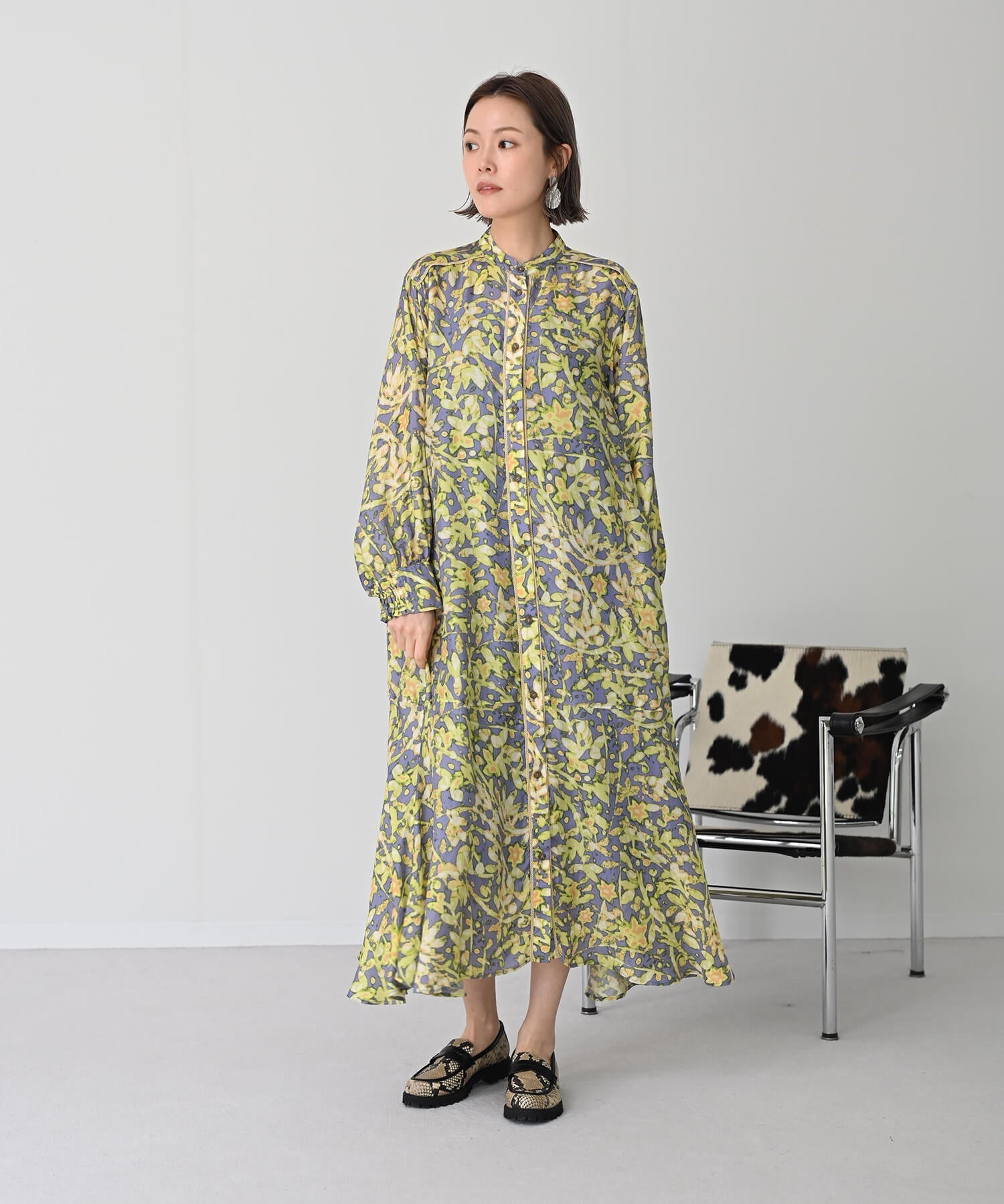 【Secretsale】パイピングラインシャツ柄ワンピースドレス