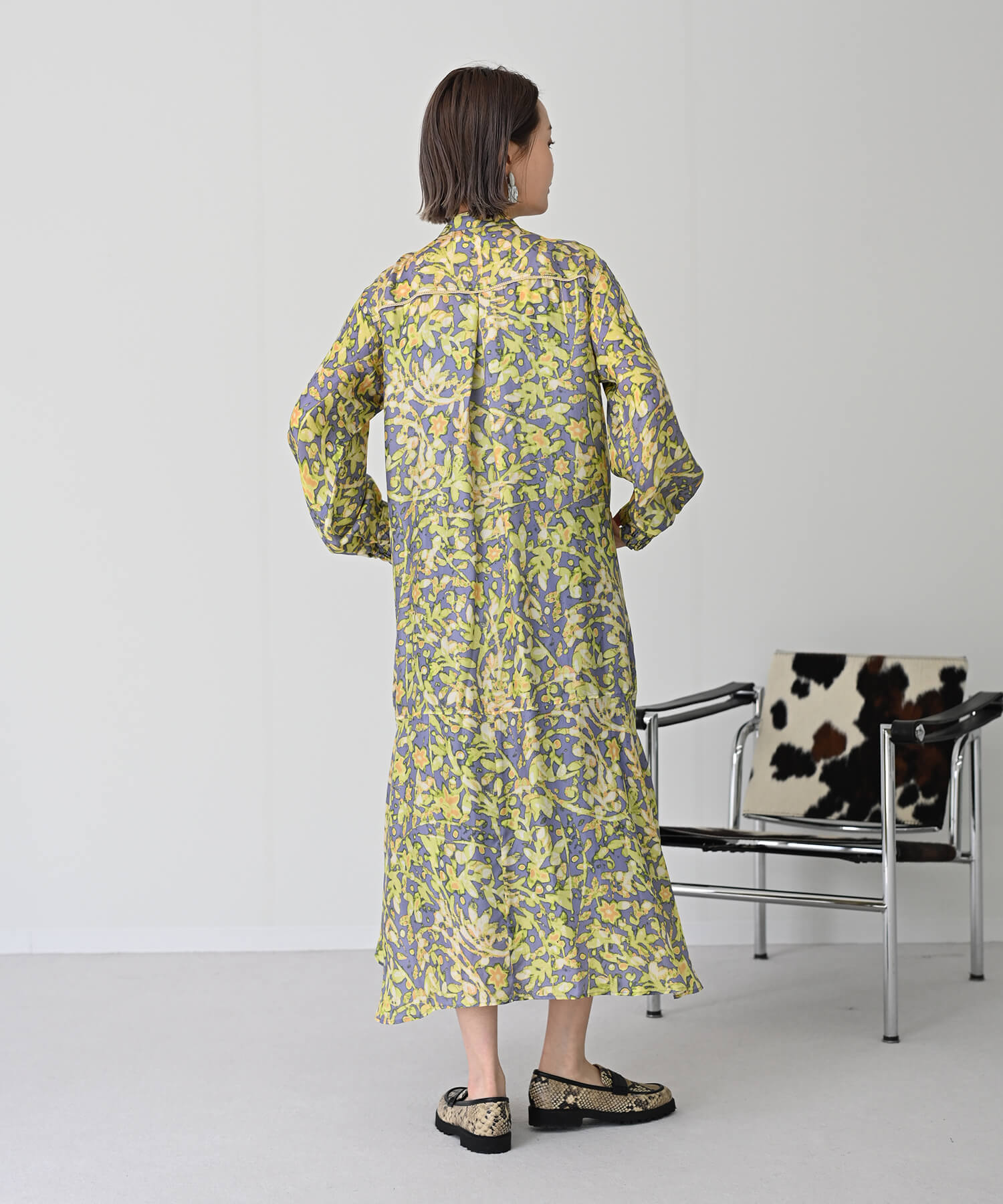 【Secretsale】パイピングラインシャツ柄ワンピースドレス