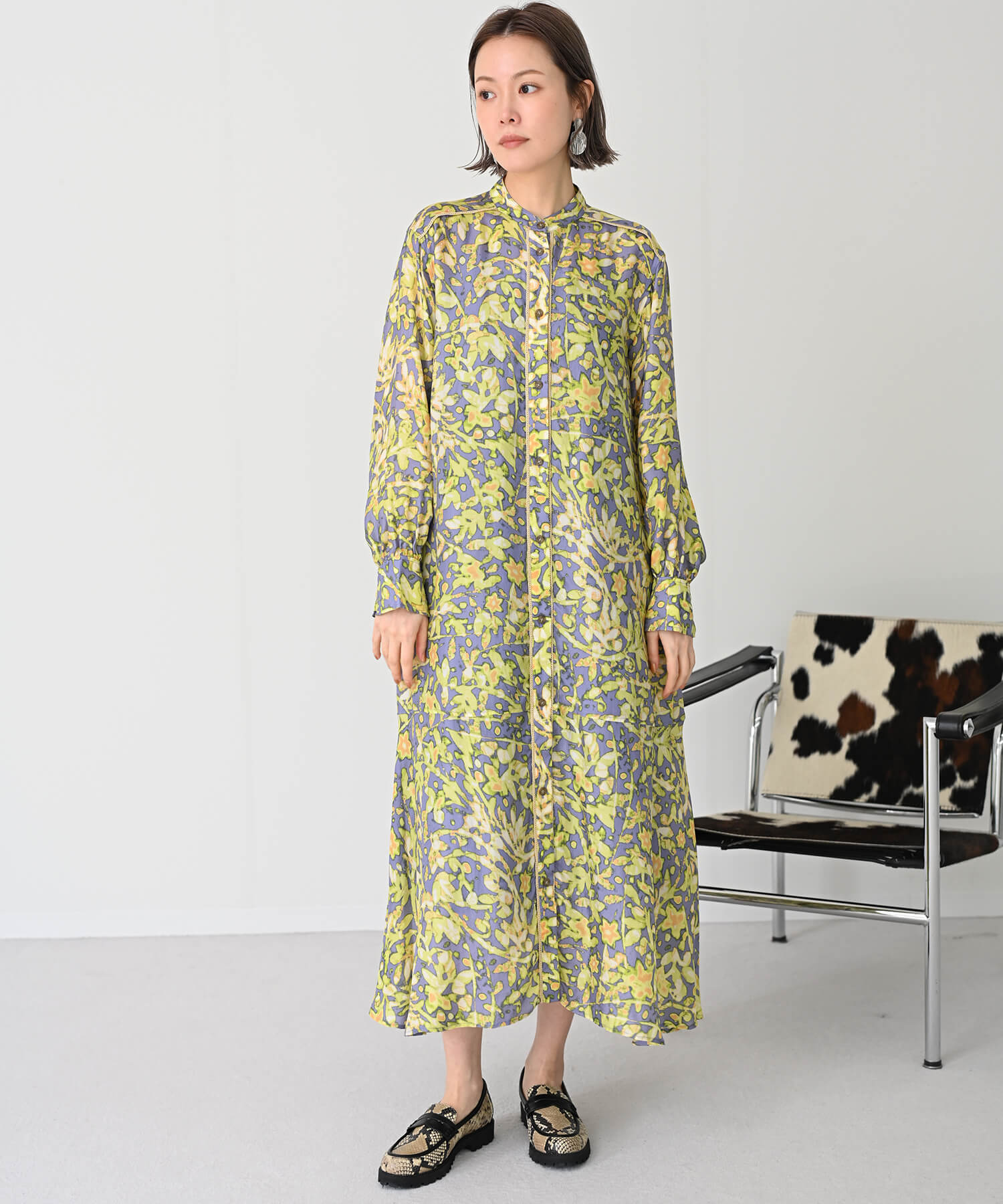 【Secretsale】パイピングラインシャツ柄ワンピースドレス