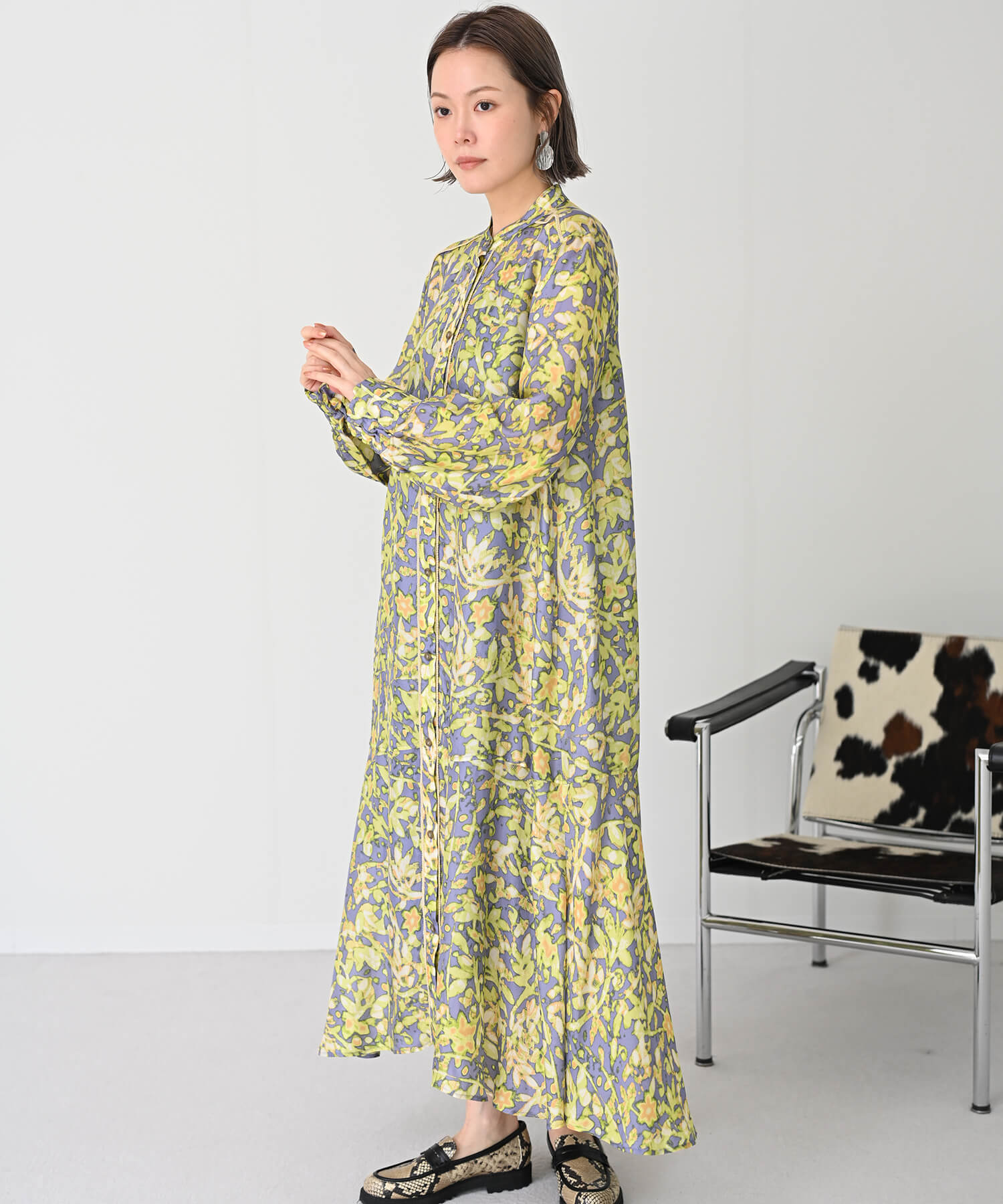 【Secretsale】パイピングラインシャツ柄ワンピースドレス