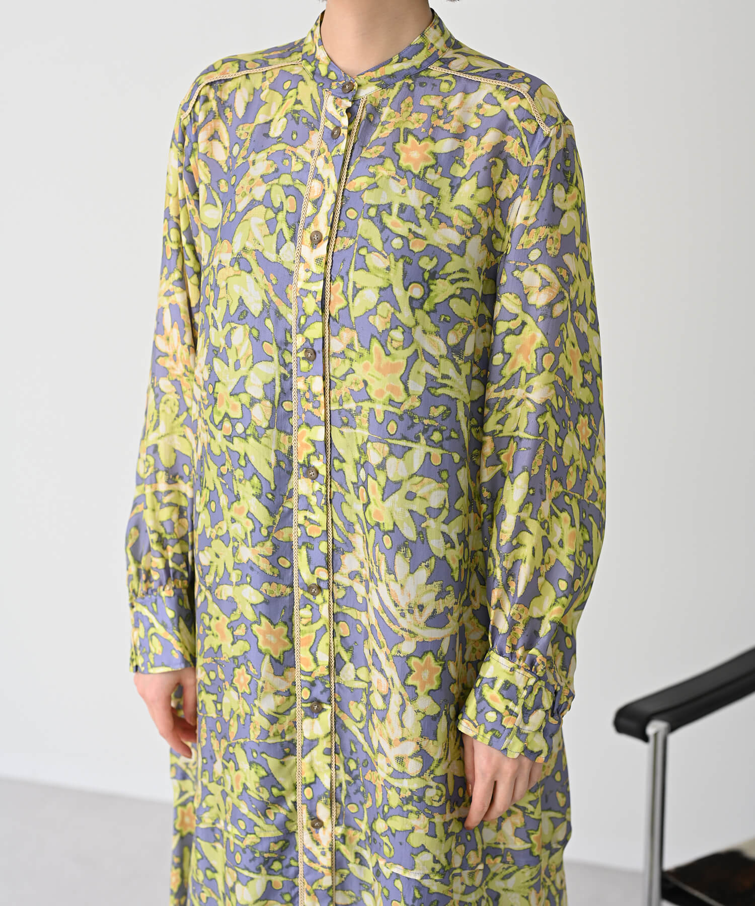 【Secretsale】パイピングラインシャツ柄ワンピースドレス