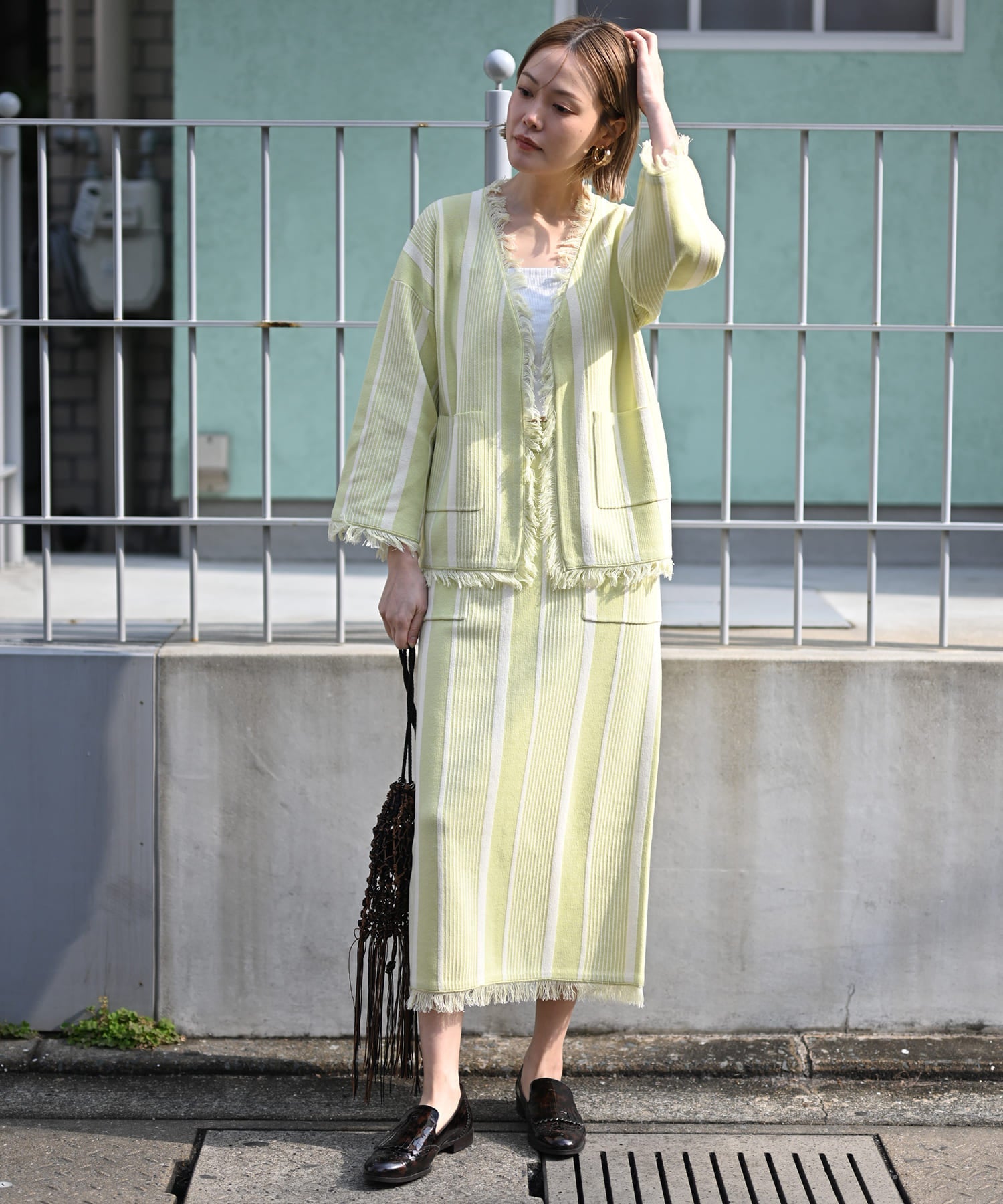 ストライプフリンジカーディガン